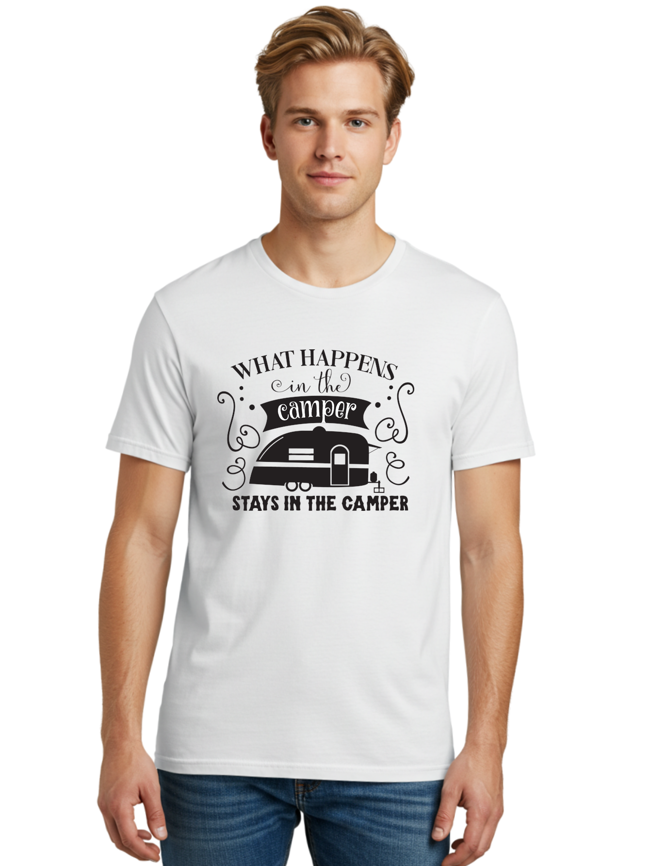 What-Happens-In-The-Camper Men'S Graphic Tee, 100% Cotton, Comfortable Casual Summer Wear, Machine Washable, Camper Trailer, Travel Trailer, Camping Humor, Funny Camping Quotes, Glamping, Outdoor Adventure, Camping Life, Rv Living, Aad299 6