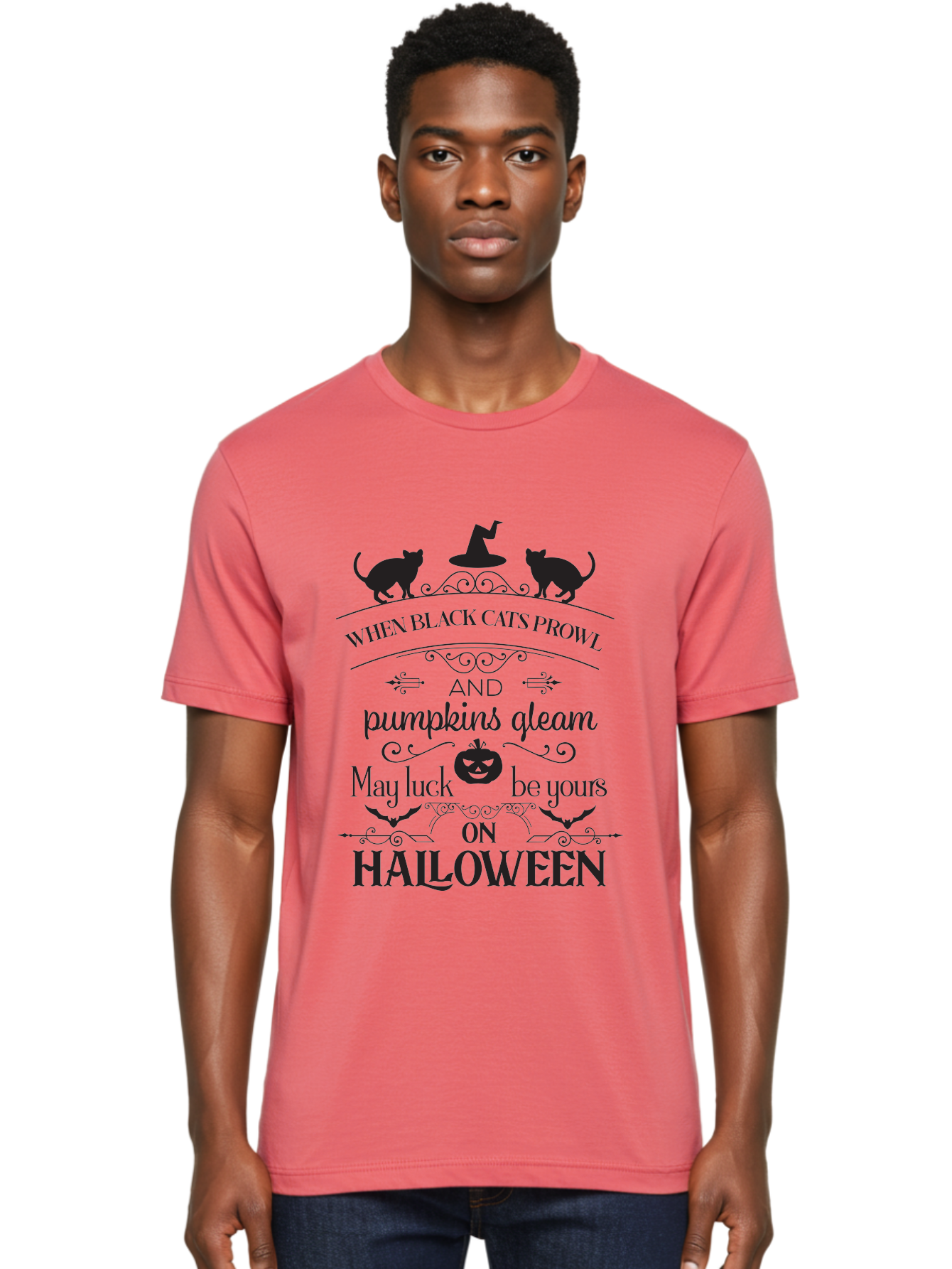 When-Black-Cats-Prowl Men'S Graphic Tee, 100% Cotton, Comfortable Casual Summer Wear, Machine Washable, Halloween Quote, Black Cats, Pumpkins, Halloween Luck, Spooky Season, Witch Hat, Autumn, Halloween Magic, Jack-O'-Lantern, Aad300 28