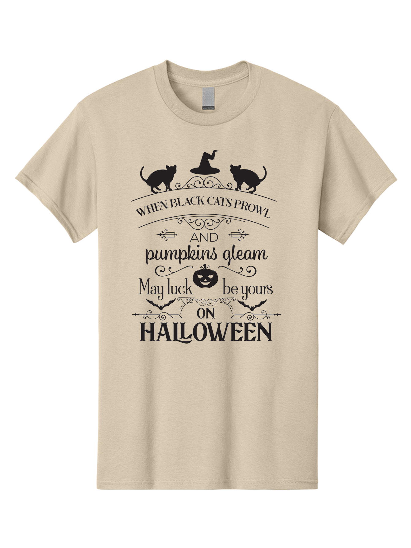 When-Black-Cats-Prowl Men'S Graphic Tee, 100% Cotton, Comfortable Casual Summer Wear, Machine Washable, Halloween Quote, Black Cats, Pumpkins, Halloween Luck, Spooky Season, Witch Hat, Autumn, Halloween Magic, Jack-O'-Lantern, Aad300 23