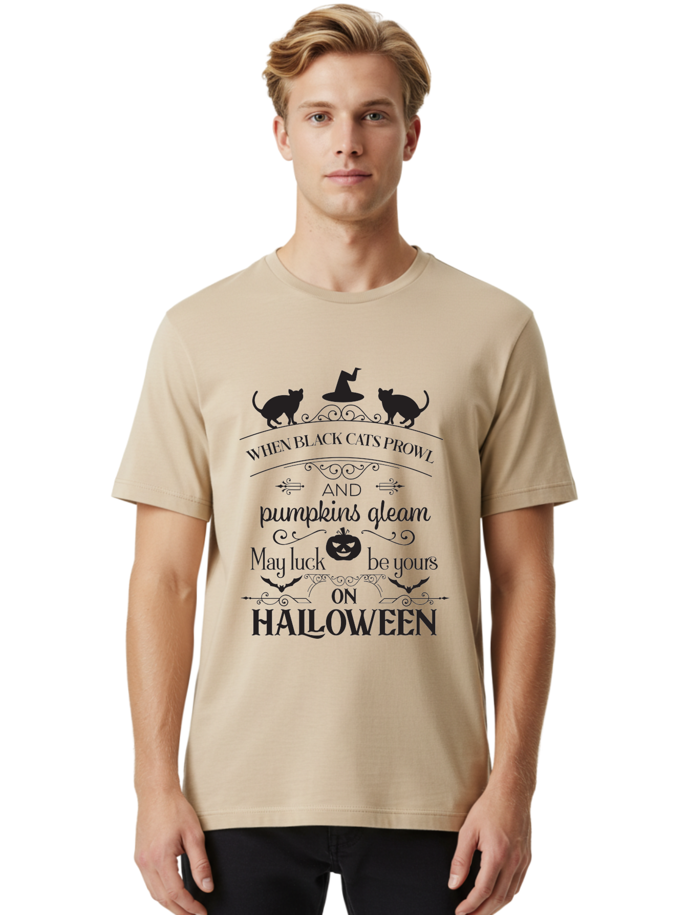 When-Black-Cats-Prowl Men'S Graphic Tee, 100% Cotton, Comfortable Casual Summer Wear, Machine Washable, Halloween Quote, Black Cats, Pumpkins, Halloween Luck, Spooky Season, Witch Hat, Autumn, Halloween Magic, Jack-O'-Lantern, Aad300 24
