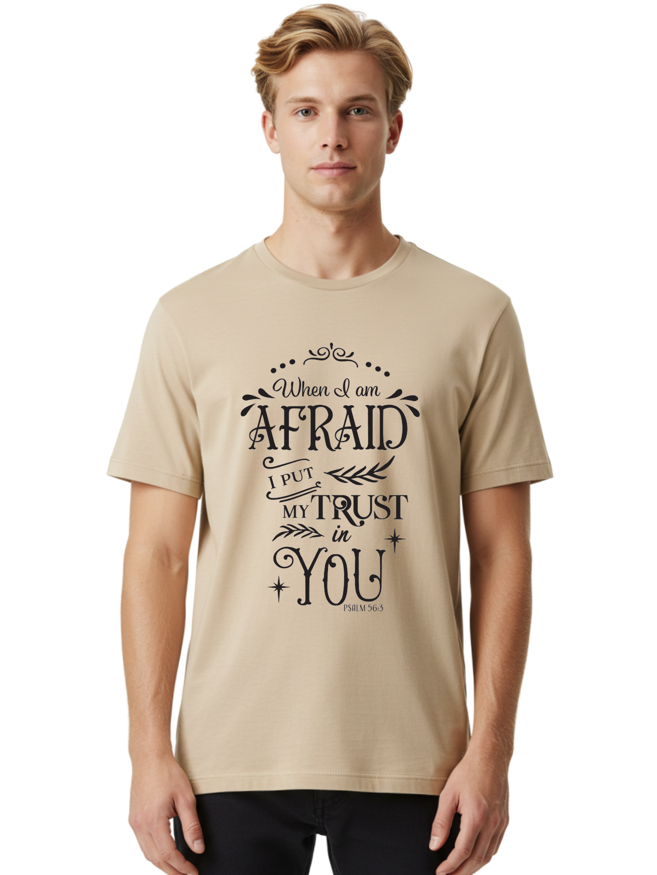 When-I-Am-Afraid Men'S Graphic Tee, 100% Cotton, Comfortable Casual Summer Wear, Machine Washable, Inspirational Quote, Trust In God, Psalm 56:3, Faith And Trust, Motivational Words, Spiritual Guidance, Bible Verse Art, Typographic Design Aad302 4
