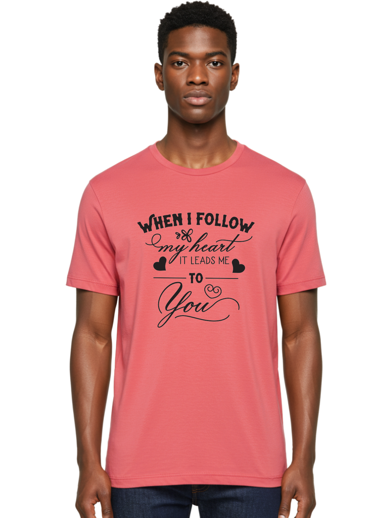 When-I-Follow-My-Heart-It-Leads-Me-To-You Men'S Graphic Tee, 100% Cotton, Comfortable Casual Summer Wear, Machine Washable, Romantic Quote, Love Message, Follow Your Heart, Heartfelt Words, Love Typography, Cursive Text, Valentines Day, Aad304 16