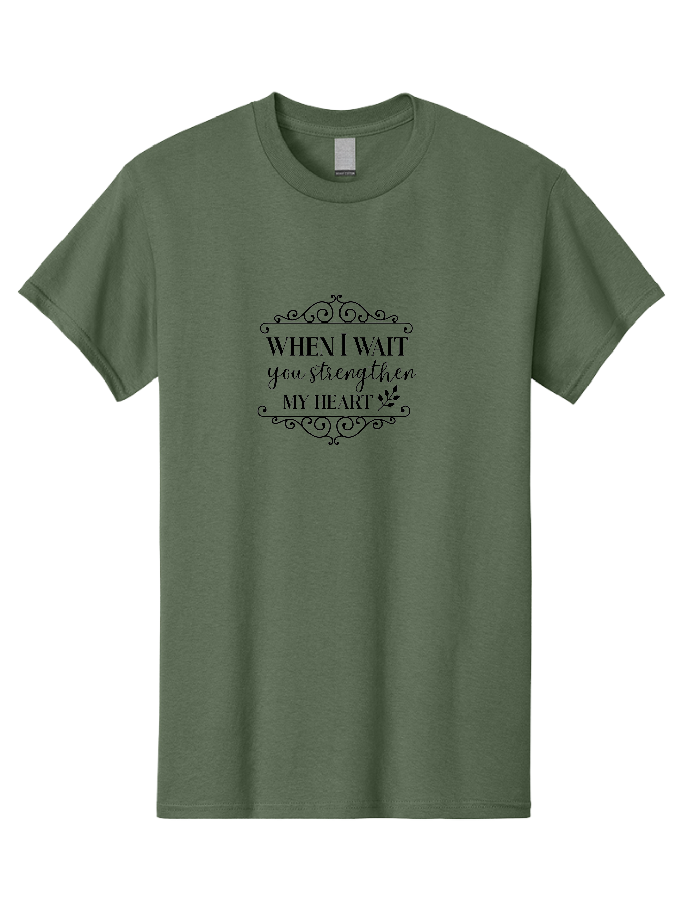 When-I-Wait-You-Strengthen-My-Heart Men'S Graphic Tee, 100% Cotton, Comfortable Casual Summer Wear, Machine Washable, Inspirational Quote, Motivational Phrase, Heartwarming Words, Floral Elements, Elegant Typography, Cursive Fonts, Aad305 21