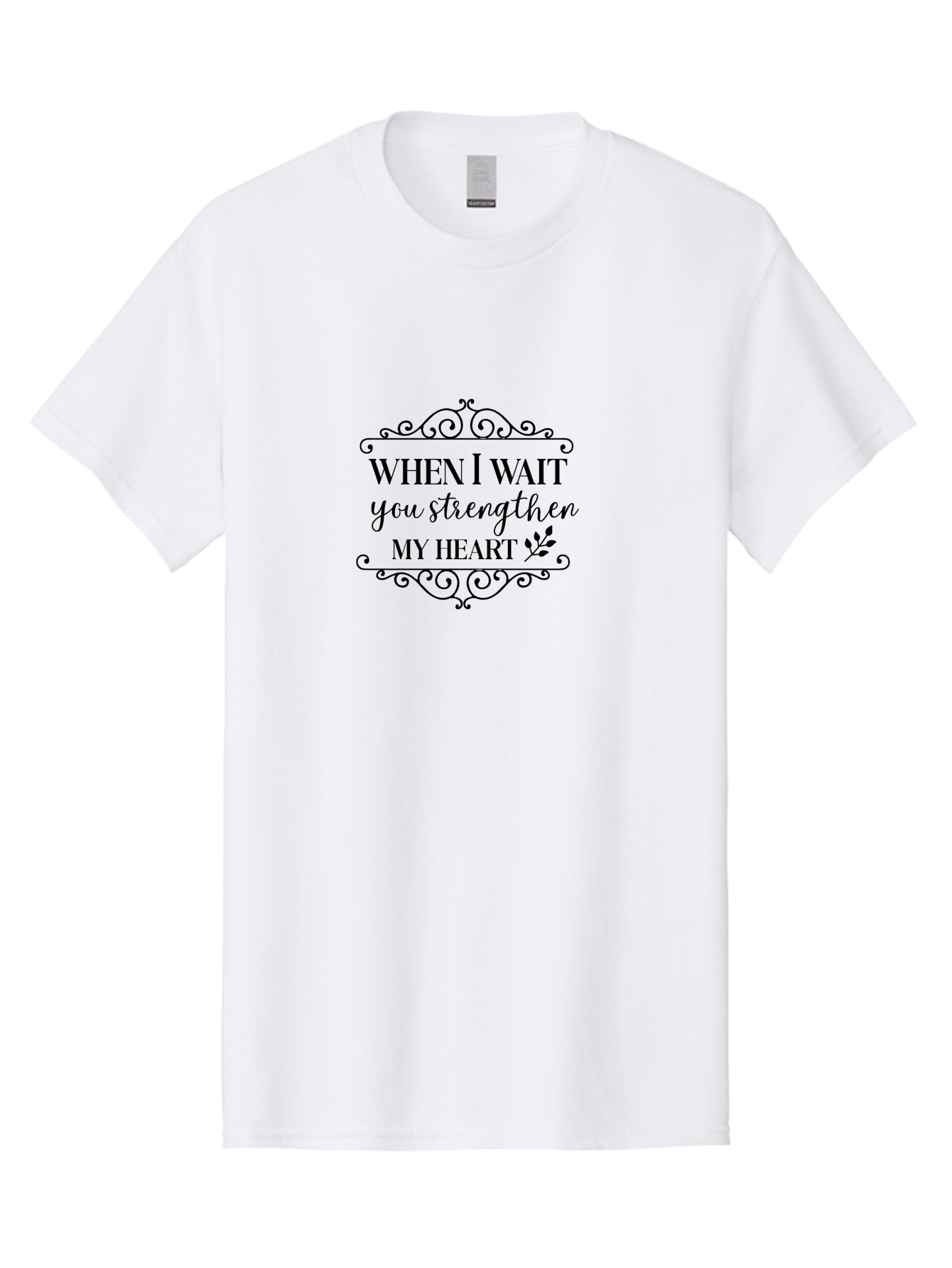 When-I-Wait-You-Strengthen-My-Heart Men'S Graphic Tee, 100% Cotton, Comfortable Casual Summer Wear, Machine Washable, Inspirational Quote, Motivational Phrase, Heartwarming Words, Floral Elements, Elegant Typography, Cursive Fonts, Aad305 7
