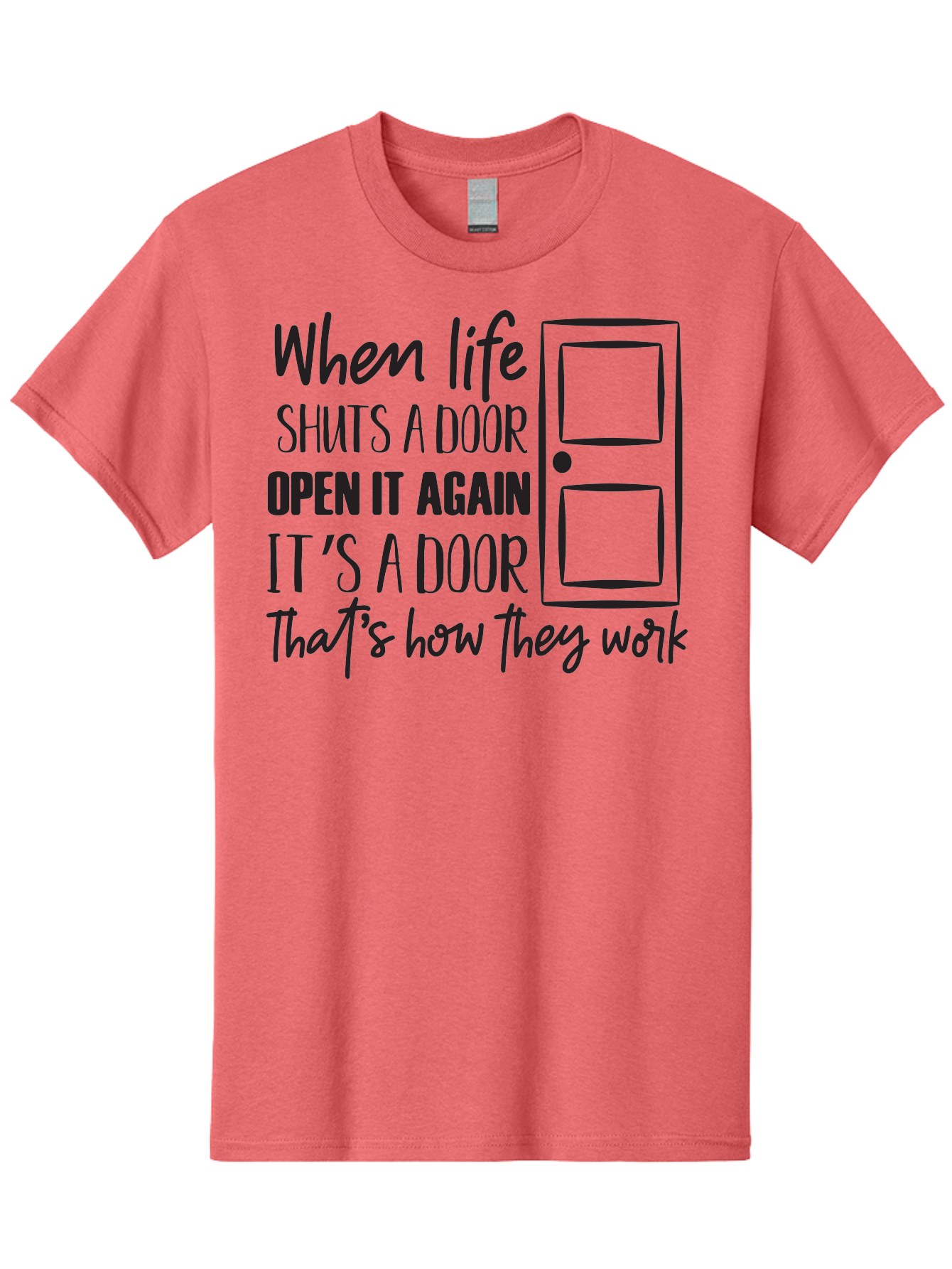 When-Life-Shuts-Door Men'S Graphic Tee, 100% Cotton, Comfortable Casual Summer Wear, Machine Washable, Inspirational Quote, Motivational Phrase, Door Illustration, New Opportunities, Positivity, Resilience, Perseverance, Success Aad307 13