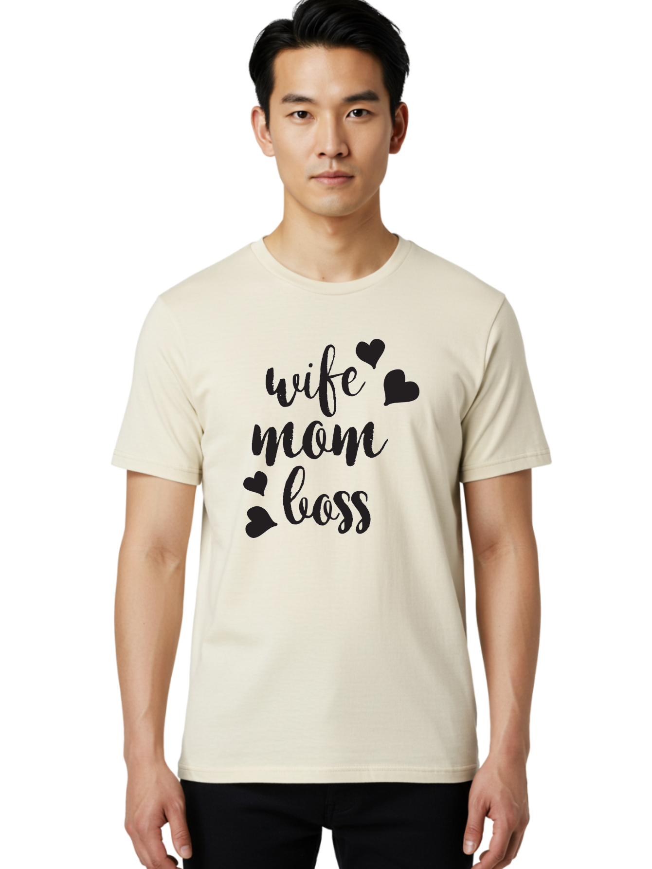 Wife-Mom-Boss Men'S Graphic Tee, 100% Cotton, Comfortable Casual Summer Wear, Machine Washable, Wife Mom Boss, Inspirational Quotes, Motivational Sayings, Empowering Women, Girl Power, Black Lettering, Heart Graphics, Modern Calligraphy Aad312 26