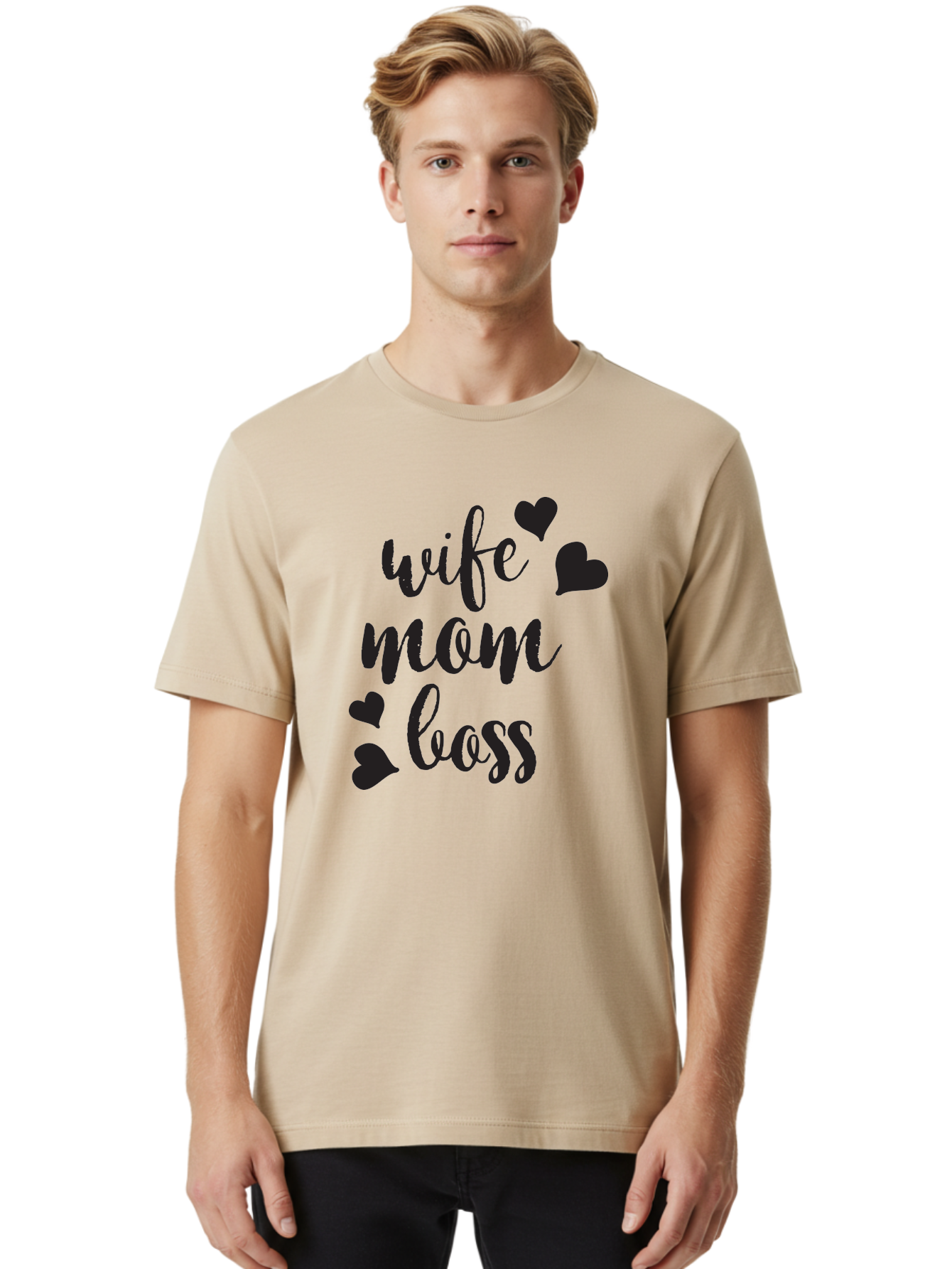 Wife-Mom-Boss Men'S Graphic Tee, 100% Cotton, Comfortable Casual Summer Wear, Machine Washable, Wife Mom Boss, Inspirational Quotes, Motivational Sayings, Empowering Women, Girl Power, Black Lettering, Heart Graphics, Modern Calligraphy Aad312 30
