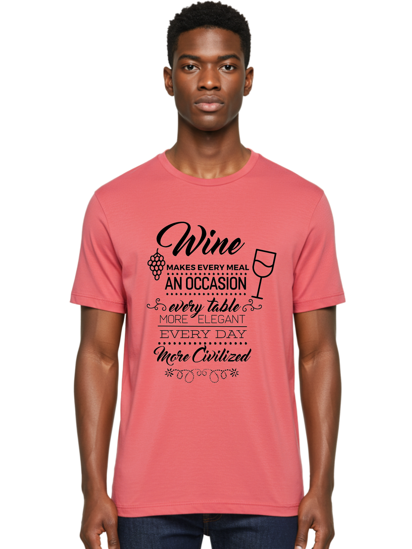 Wine-Makes-Every-Meal Men'S Graphic Tee, 100% Cotton, Comfortable Casual Summer Wear, Machine Washable, Wine Quote, Elegant Table Setting, Fine Dining, Wine And Grapes, Sophisticated Atmosphere, Luxury Lifestyle, Dinner Party, Wine Enthusiasts Aad314 16