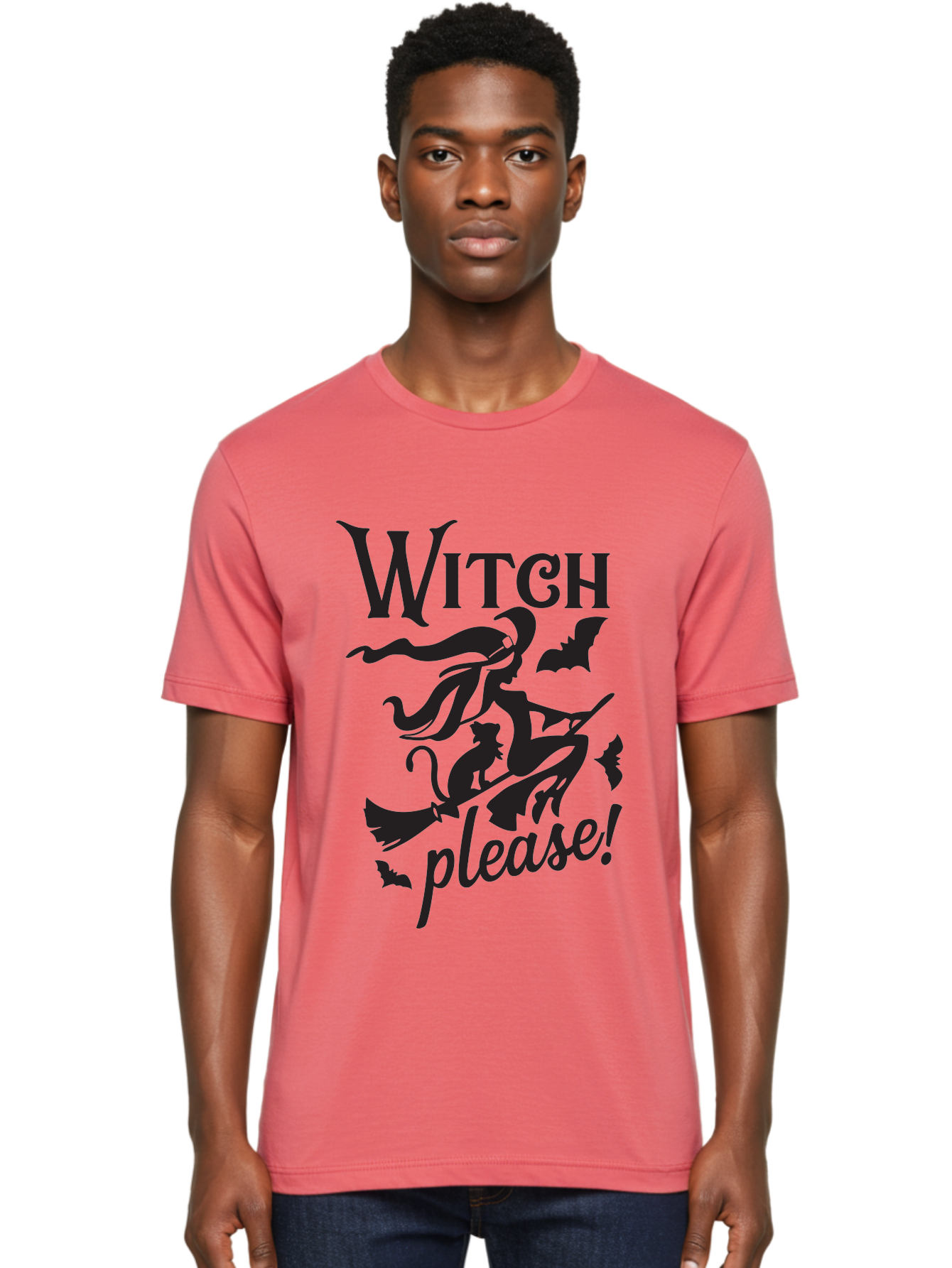 Witch-Please Men'S Graphic Tee, 100% Cotton, Comfortable Casual Summer Wear, Machine Washable, Witch Flying On Broomstick, Black Cat, Bats, Halloween Theme, Mystical, Magical, Spooky Atmosphere, Witchy Vibes, Gothic, Cursive Text Aad315 28