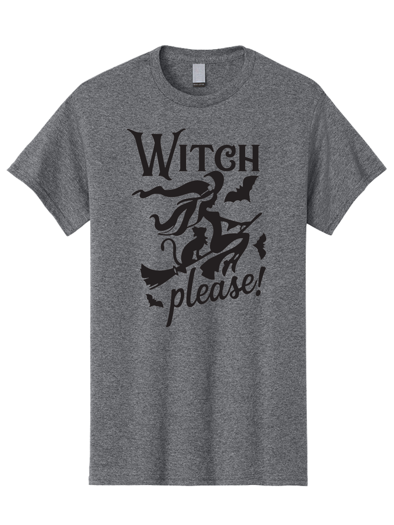 Witch-Please Men'S Graphic Tee, 100% Cotton, Comfortable Casual Summer Wear, Machine Washable, Witch Flying On Broomstick, Black Cat, Bats, Halloween Theme, Mystical, Magical, Spooky Atmosphere, Witchy Vibes, Gothic, Cursive Text Aad315 19