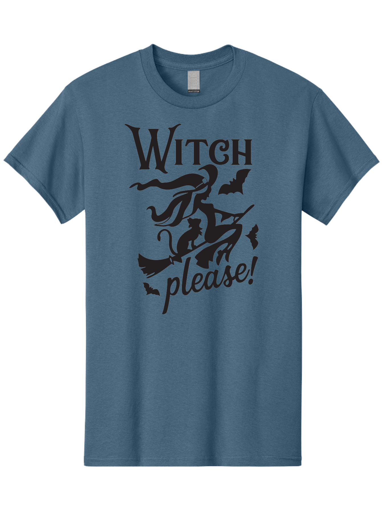 Witch-Please Men'S Graphic Tee, 100% Cotton, Comfortable Casual Summer Wear, Machine Washable, Witch Flying On Broomstick, Black Cat, Bats, Halloween Theme, Mystical, Magical, Spooky Atmosphere, Witchy Vibes, Gothic, Cursive Text Aad315 21