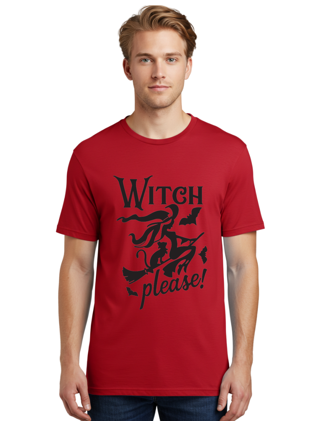 Witch-Please Men'S Graphic Tee, 100% Cotton, Comfortable Casual Summer Wear, Machine Washable, Witch Flying On Broomstick, Black Cat, Bats, Halloween Theme, Mystical, Magical, Spooky Atmosphere, Witchy Vibes, Gothic, Cursive Text Aad315 6