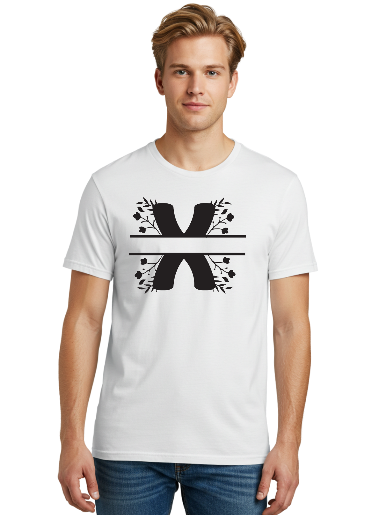 X Men'S Graphic Tee, 100% Cotton, Comfortable Casual Summer Wear, Machine Washable, Stylish X, Floral Design, Black Silhouette, Leaves And Flowers, Bold Typography, Modern Graphic, Decorative Lettering Aad323 26