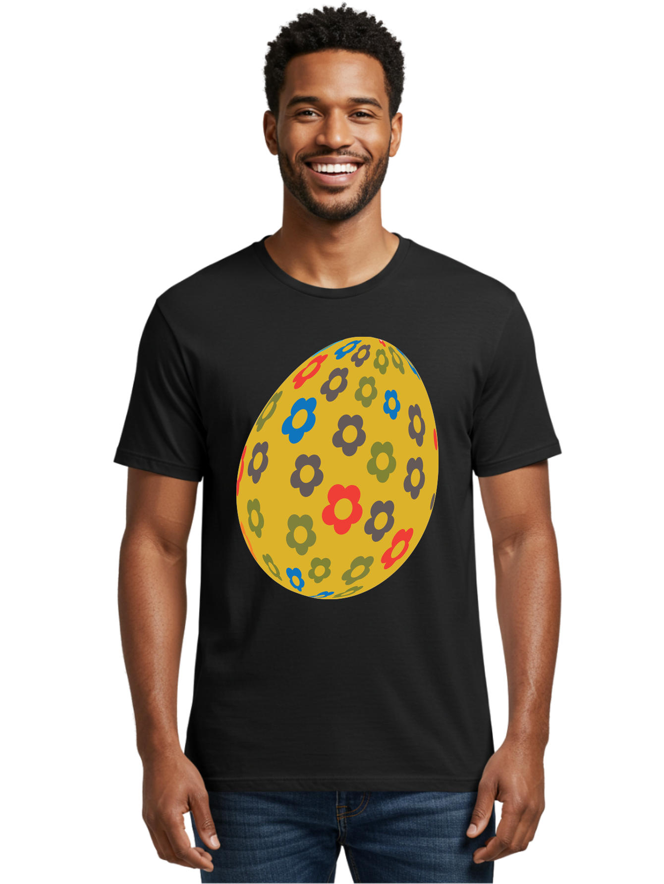 Yellow-Easter-Egg Men'S Graphic Tee, 100% Cotton, Comfortable Casual Summer Wear, Machine Washable, Easter Egg, Floral Pattern, Yellow Background, Colorful Flowers, Red, Blue, Purple, Green Hues, Spring Decoration, Festive Design, Aad325 10