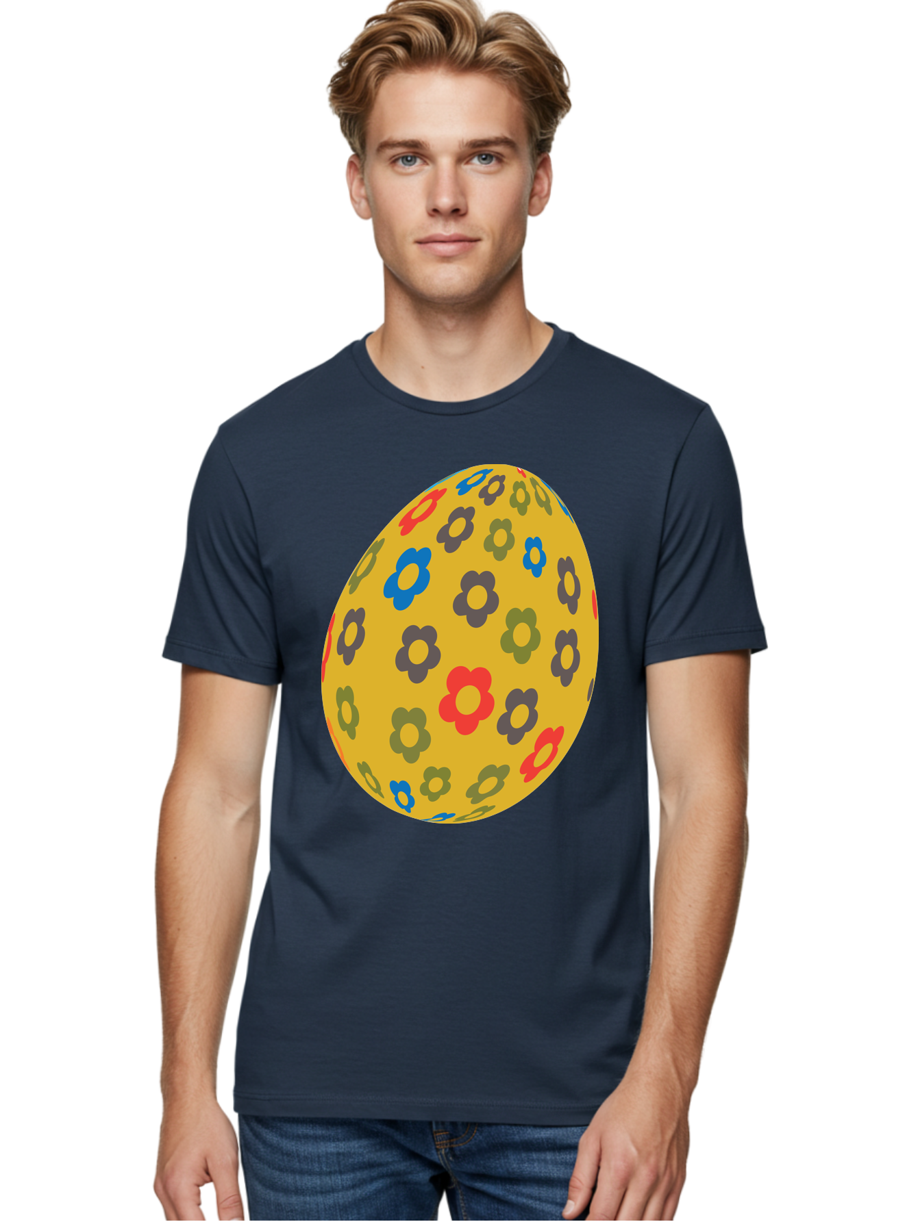 Yellow-Easter-Egg Men'S Graphic Tee, 100% Cotton, Comfortable Casual Summer Wear, Machine Washable, Easter Egg, Floral Pattern, Yellow Background, Colorful Flowers, Red, Blue, Purple, Green Hues, Spring Decoration, Festive Design, Aad325 6