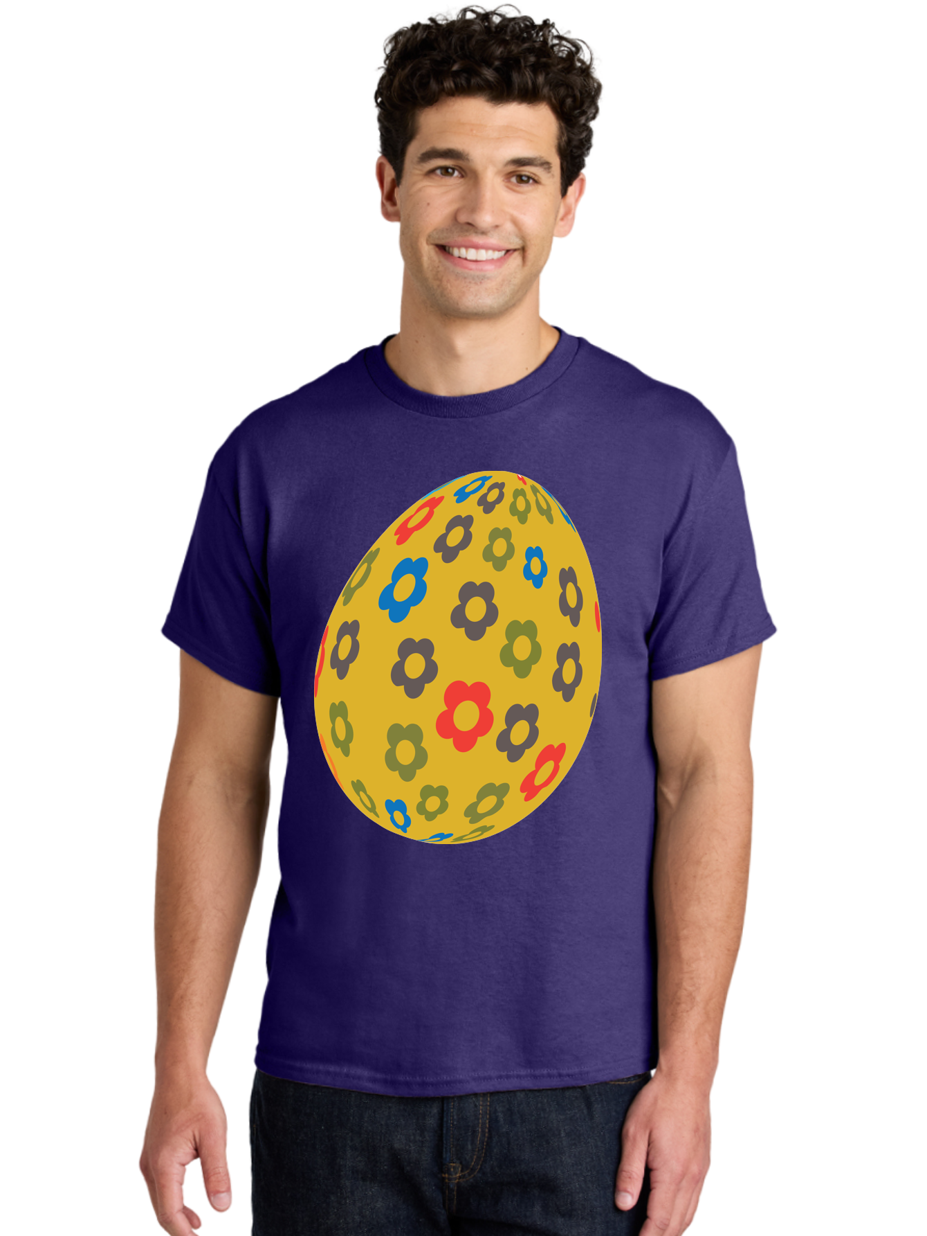 Yellow-Easter-Egg Men'S Graphic Tee, 100% Cotton, Comfortable Casual Summer Wear, Machine Washable, Easter Egg, Floral Pattern, Yellow Background, Colorful Flowers, Red, Blue, Purple, Green Hues, Spring Decoration, Festive Design, Aad325 24