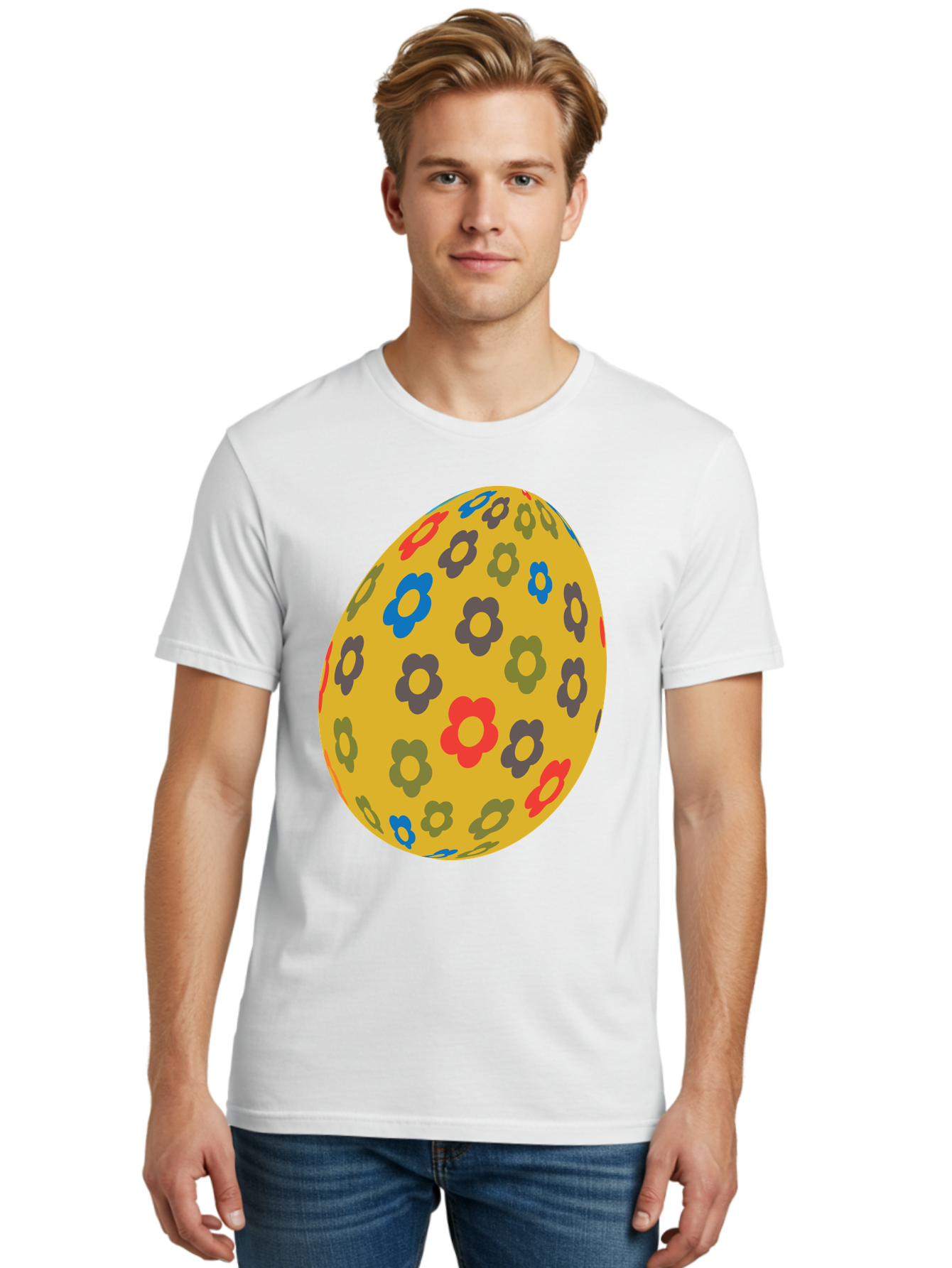 Yellow-Easter-Egg Men'S Graphic Tee, 100% Cotton, Comfortable Casual Summer Wear, Machine Washable, Easter Egg, Floral Pattern, Yellow Background, Colorful Flowers, Red, Blue, Purple, Green Hues, Spring Decoration, Festive Design, Aad325 8