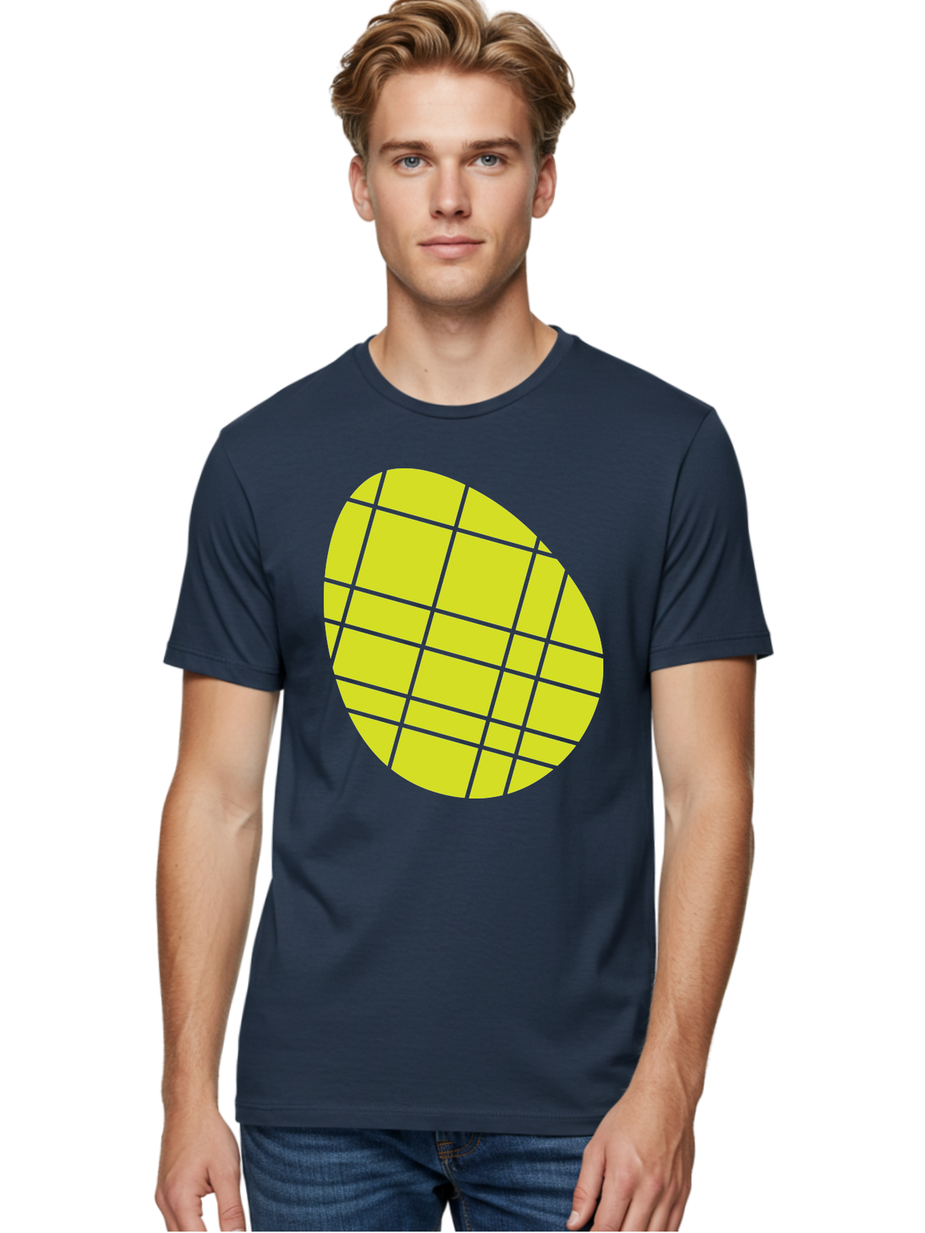 Yellow-Grid Men'S Graphic Tee, 100% Cotton, Comfortable Casual Summer Wear, Machine Washable, Yellow Circle, Grid Pattern, Geometric Shape, Modern Design, Abstract Art, Simple Graphics, Grid Lines, Vibrant Colors Aad326 14