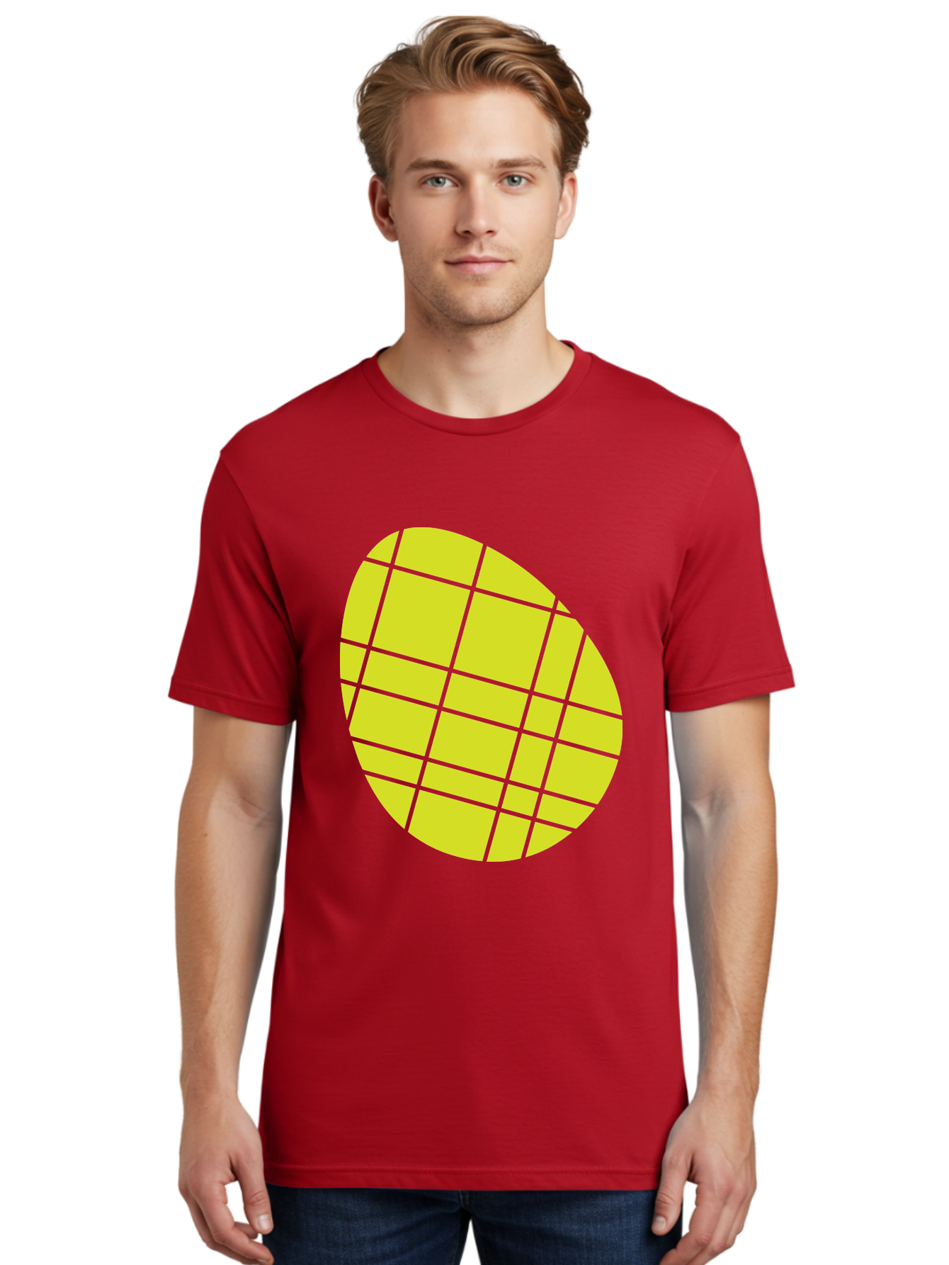 Yellow-Grid Men'S Graphic Tee, 100% Cotton, Comfortable Casual Summer Wear, Machine Washable, Yellow Circle, Grid Pattern, Geometric Shape, Modern Design, Abstract Art, Simple Graphics, Grid Lines, Vibrant Colors Aad326 10