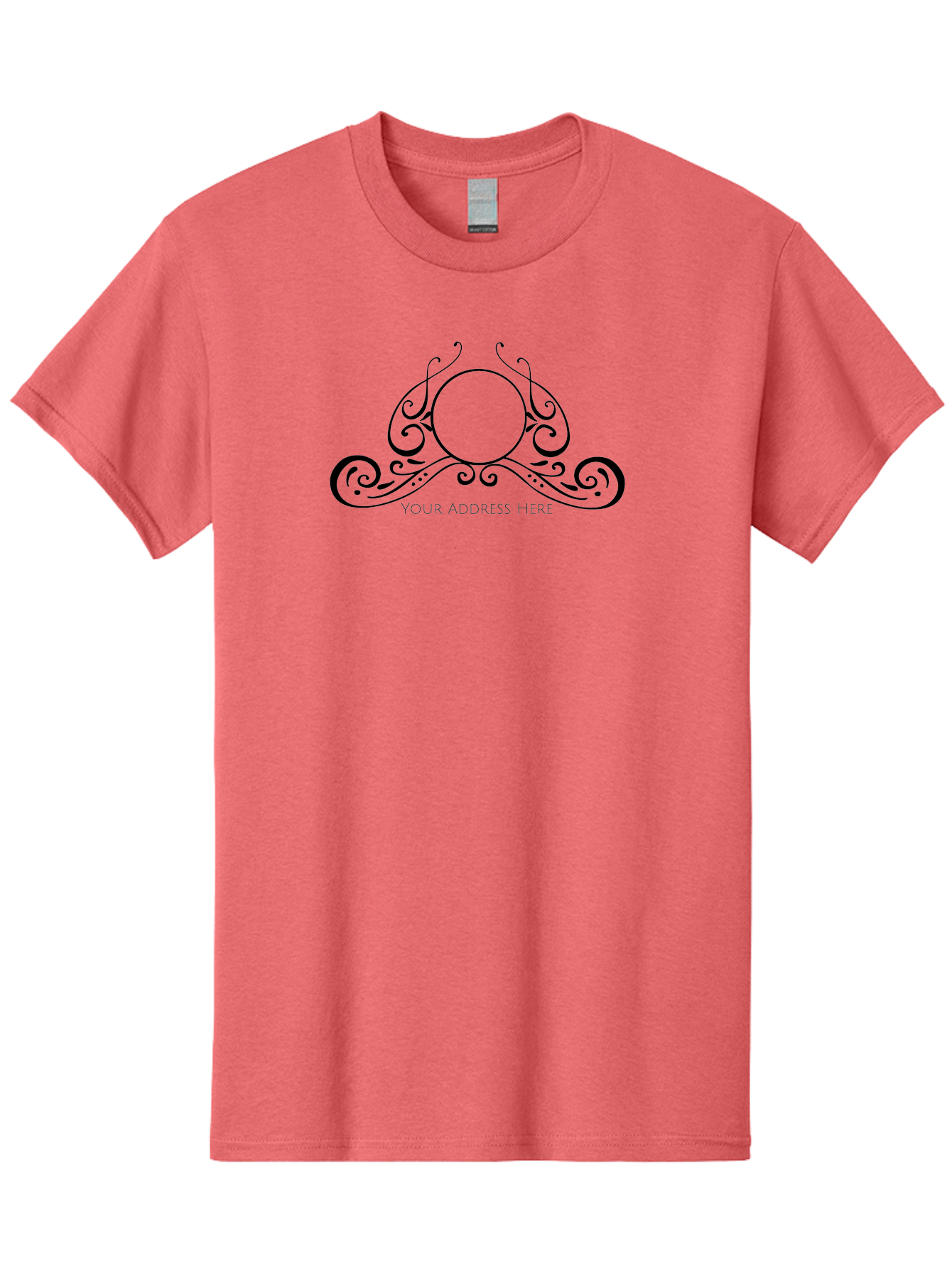 Your-Address-Here Men'S Graphic Tee, 100% Cotton, Comfortable Casual Summer Wear, Machine Washable, Floral Design, Swirling Patterns, Black Ornaments, Circular Frame, Decorative Elements, Elegant Typography, Vintage Style, Aad351 25