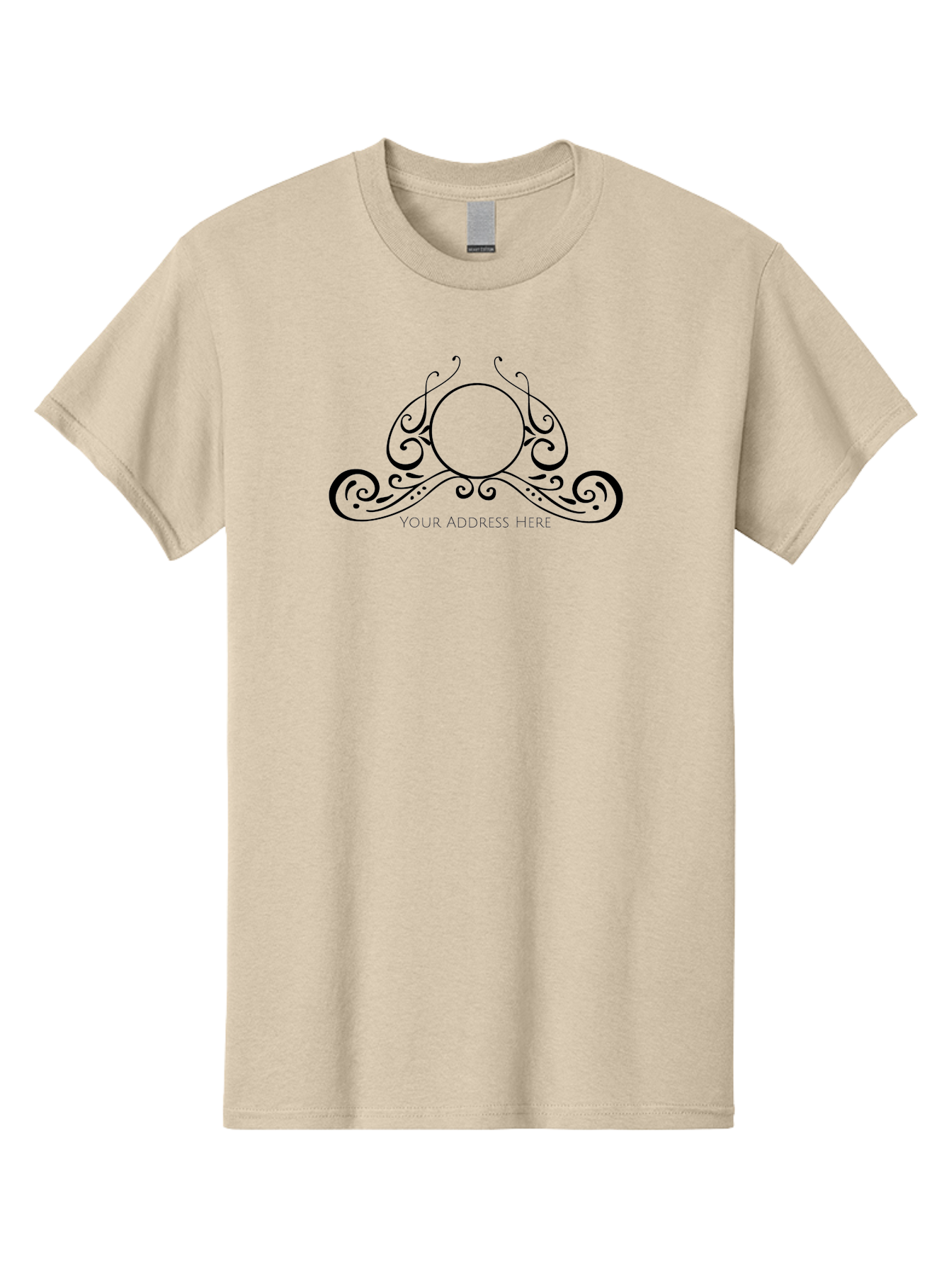 Your-Address-Here Men'S Graphic Tee, 100% Cotton, Comfortable Casual Summer Wear, Machine Washable, Floral Design, Swirling Patterns, Black Ornaments, Circular Frame, Decorative Elements, Elegant Typography, Vintage Style, Aad351 3