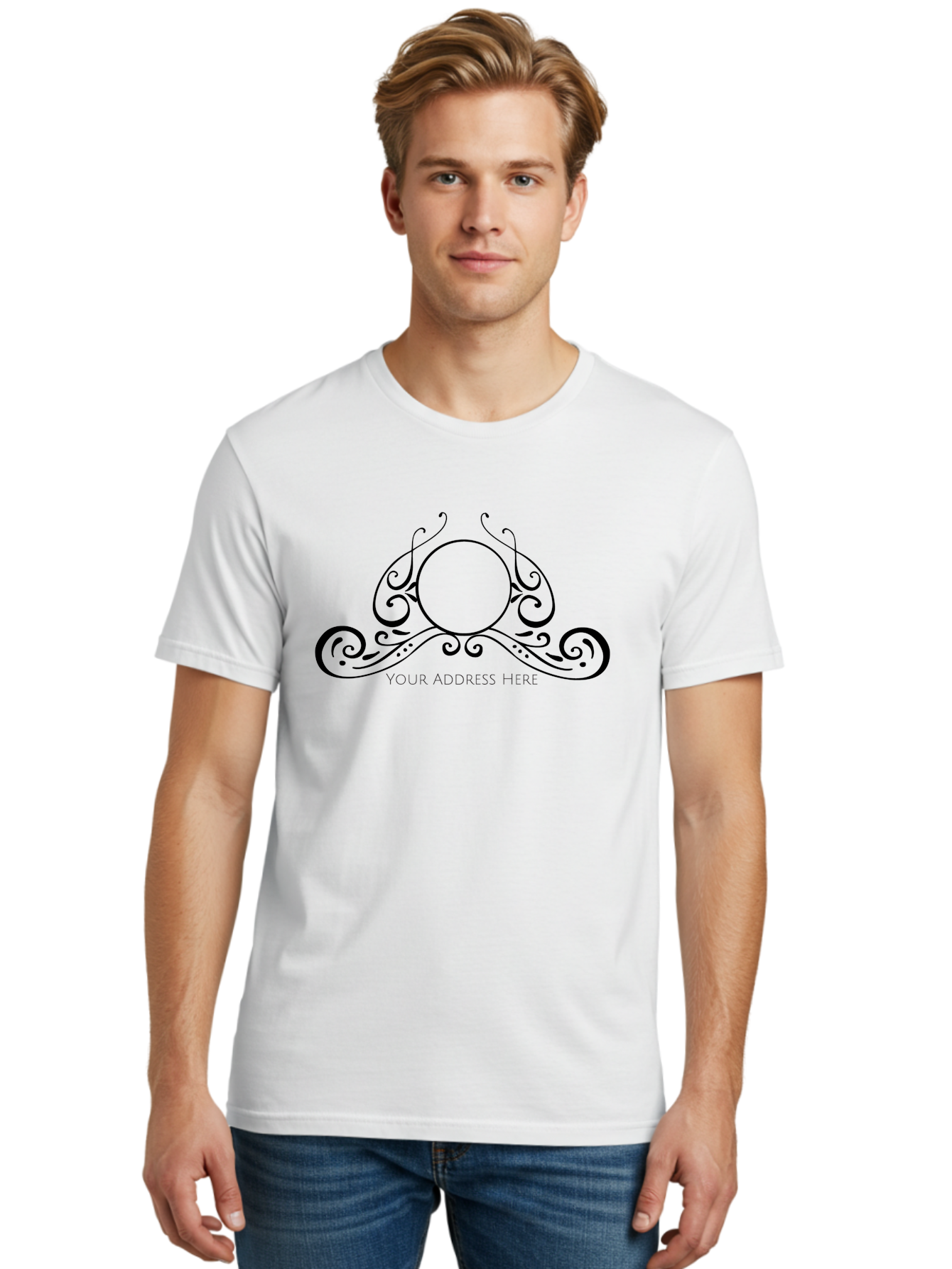 Your-Address-Here Men'S Graphic Tee, 100% Cotton, Comfortable Casual Summer Wear, Machine Washable, Floral Design, Swirling Patterns, Black Ornaments, Circular Frame, Decorative Elements, Elegant Typography, Vintage Style, Aad351 8
