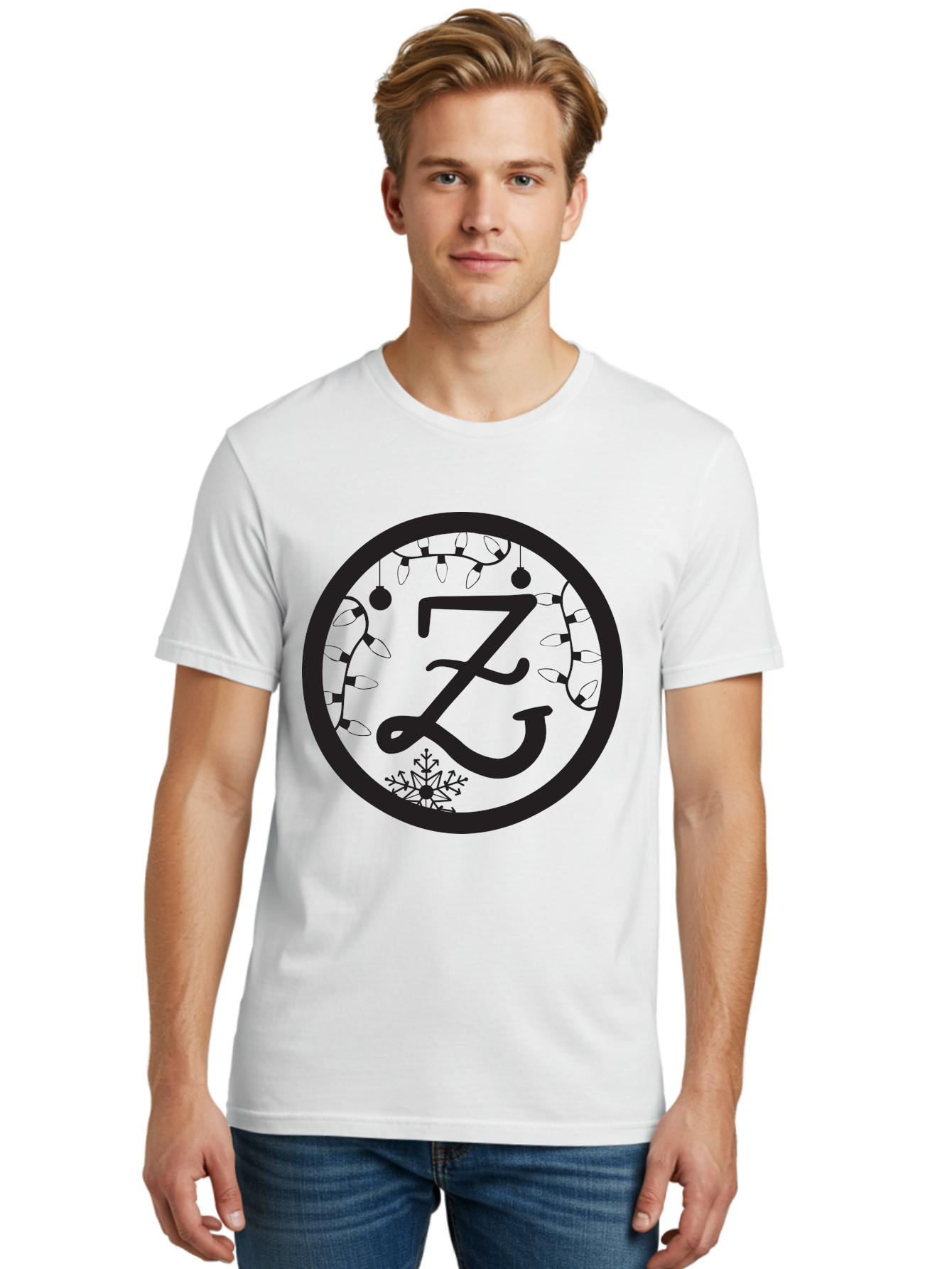 Z Men'S Graphic Tee, 100% Cotton, Comfortable Casual Summer Wear, Machine Washable, Christmas Lights, Holiday Decorations, Festive Atmosphere, Snowflake, Winter Wonderland, Seasonal Greetings, Letter Z, Decorative Typography Aad353 22