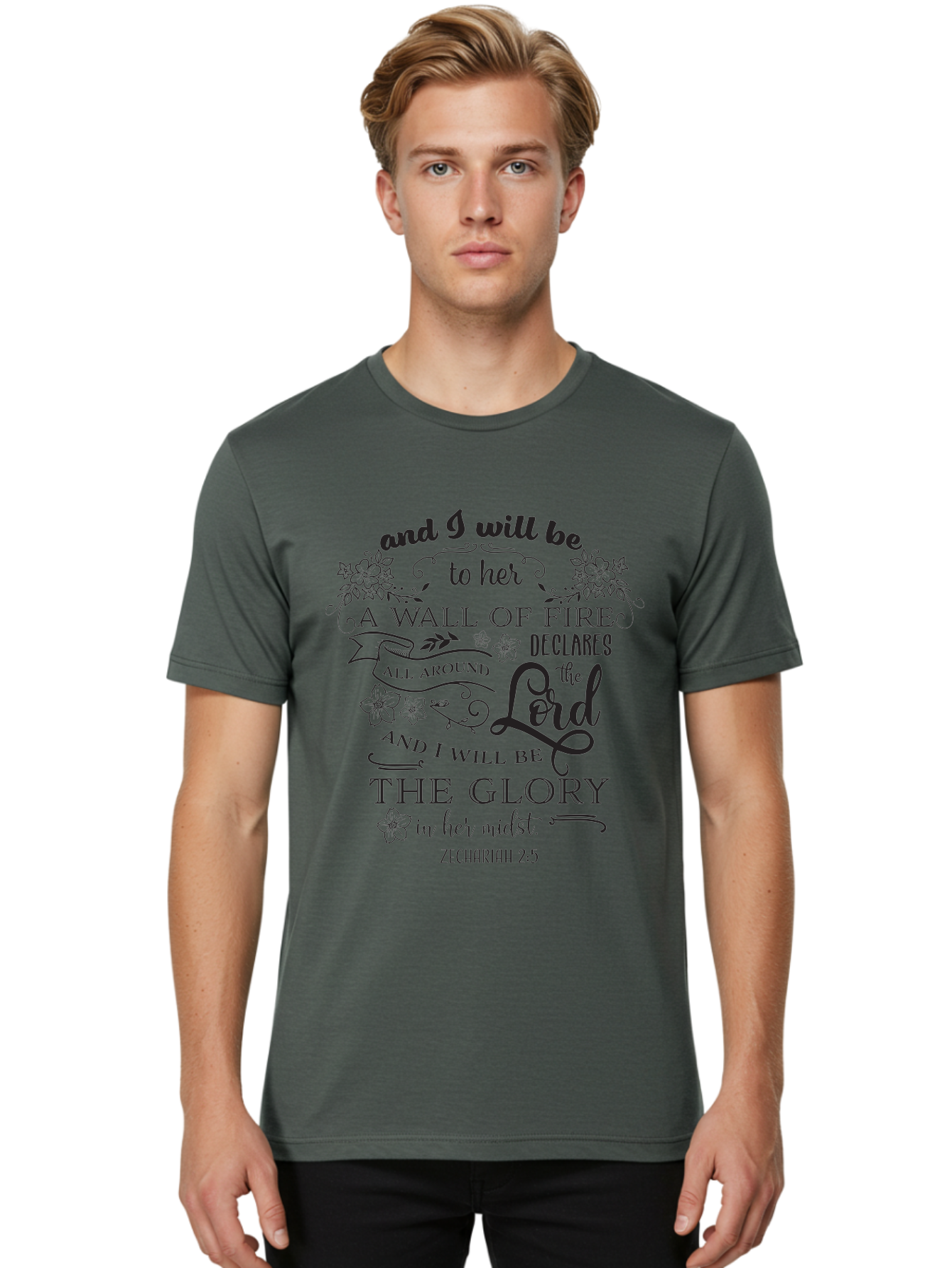 Zechariah-2-5 Men'S Graphic Tee, 100% Cotton, Comfortable Casual Summer Wear, Machine Washable, Inspirational Quote, Zechariah 2:5, Wall Of Fire, Divine Protection, God'S Glory, Scripture Art, Floral Designs, Faith-Based Graphics, Aad354 22