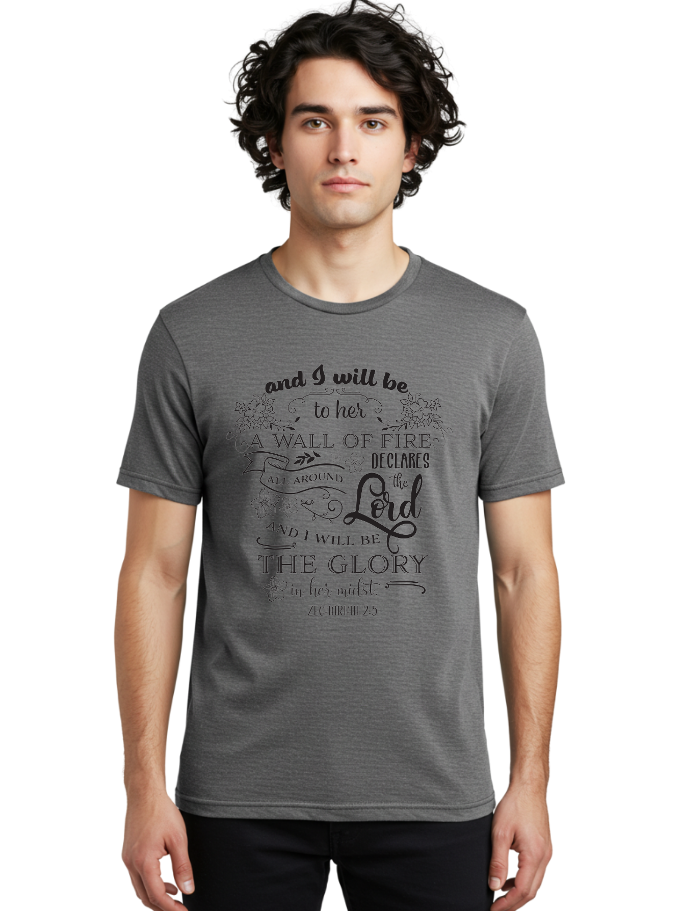 Zechariah-2-5 Men'S Graphic Tee, 100% Cotton, Comfortable Casual Summer Wear, Machine Washable, Inspirational Quote, Zechariah 2:5, Wall Of Fire, Divine Protection, God'S Glory, Scripture Art, Floral Designs, Faith-Based Graphics, Aad354 26