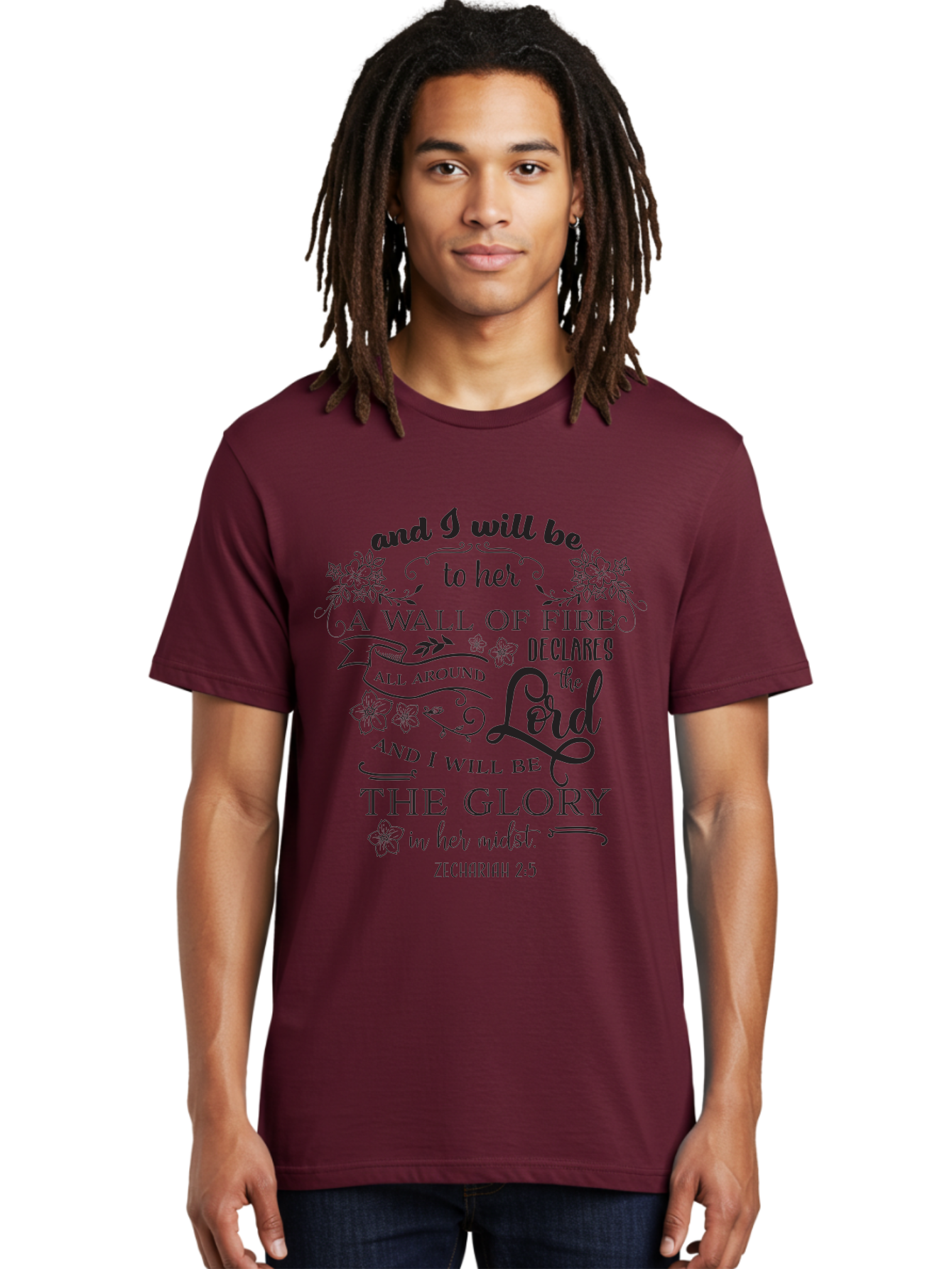 Zechariah-2-5 Men'S Graphic Tee, 100% Cotton, Comfortable Casual Summer Wear, Machine Washable, Inspirational Quote, Zechariah 2:5, Wall Of Fire, Divine Protection, God'S Glory, Scripture Art, Floral Designs, Faith-Based Graphics, Aad354 20