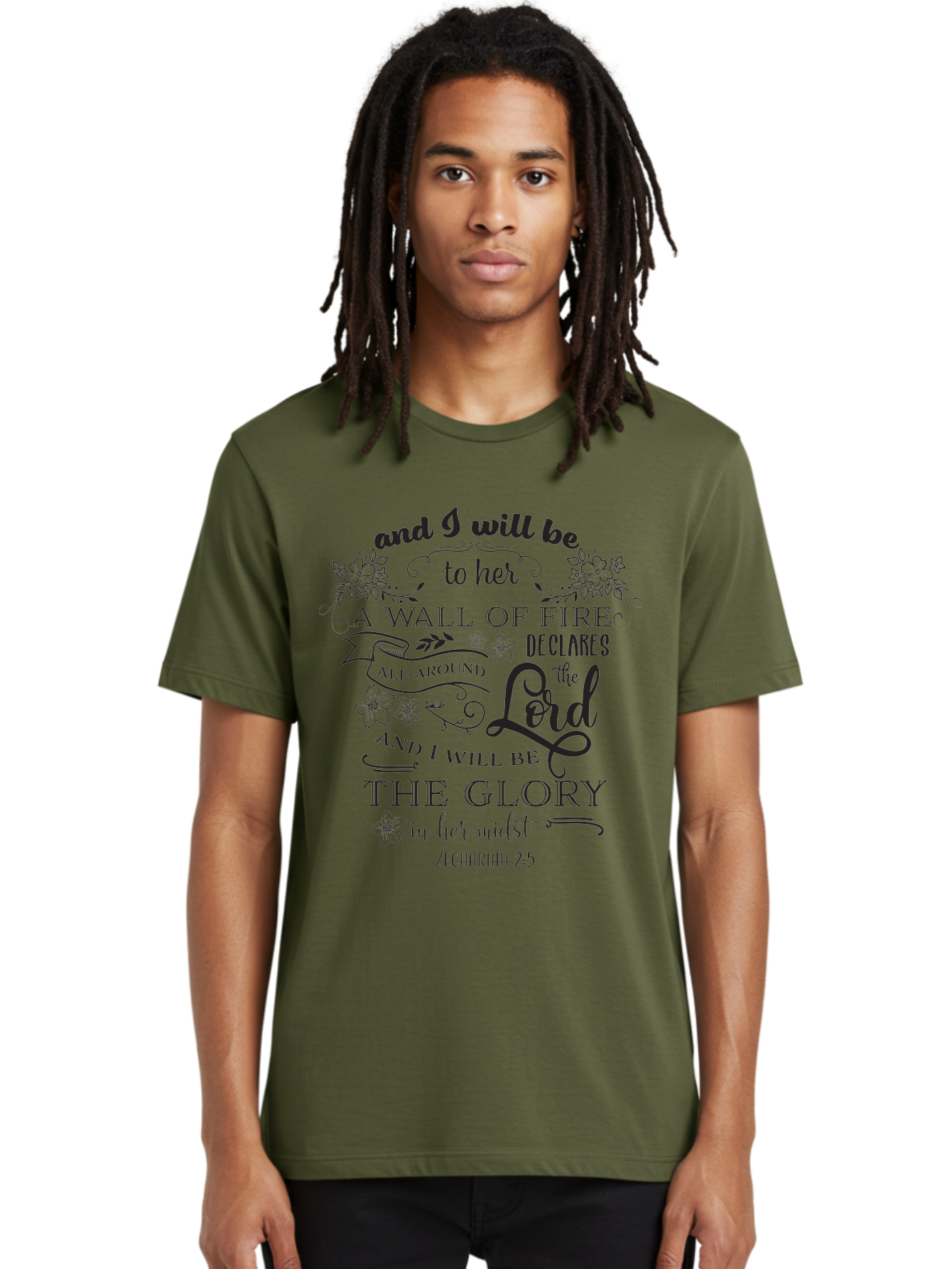 Zechariah-2-5 Men'S Graphic Tee, 100% Cotton, Comfortable Casual Summer Wear, Machine Washable, Inspirational Quote, Zechariah 2:5, Wall Of Fire, Divine Protection, God'S Glory, Scripture Art, Floral Designs, Faith-Based Graphics, Aad354 18