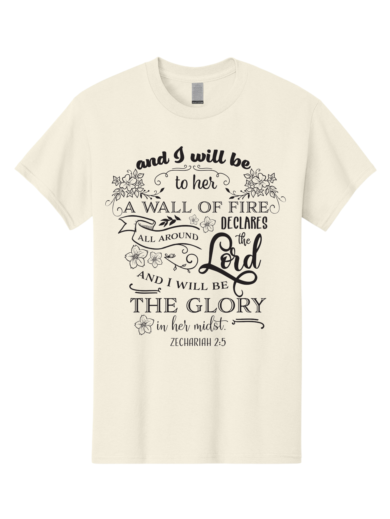 Zechariah-2-5 Men'S Graphic Tee, 100% Cotton, Comfortable Casual Summer Wear, Machine Washable, Inspirational Quote, Zechariah 2:5, Wall Of Fire, Divine Protection, God'S Glory, Scripture Art, Floral Designs, Faith-Based Graphics, Aad354 27