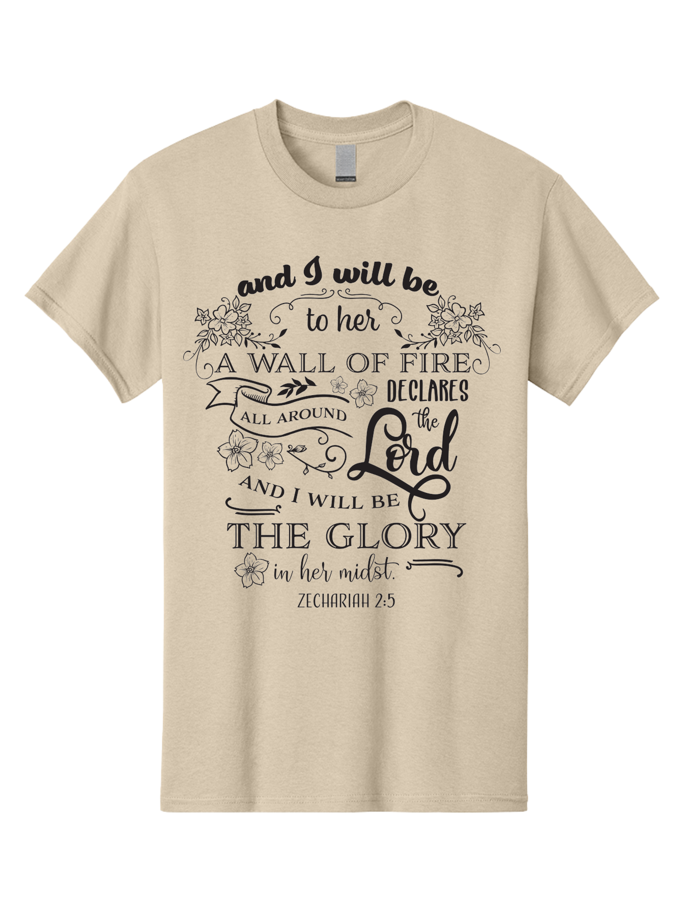 Zechariah-2-5 Men'S Graphic Tee, 100% Cotton, Comfortable Casual Summer Wear, Machine Washable, Inspirational Quote, Zechariah 2:5, Wall Of Fire, Divine Protection, God'S Glory, Scripture Art, Floral Designs, Faith-Based Graphics, Aad354 5