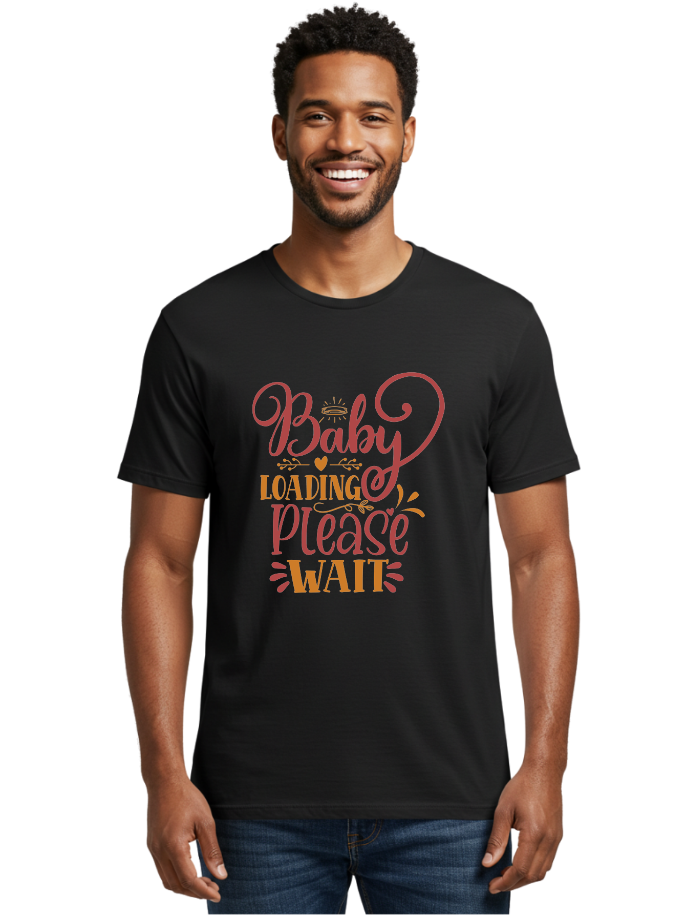 Baby-Loading-Please-Wait Men'S Graphic Tee, 100% Cotton, Comfortable Casual Summer Wear, Machine Washable, Baby Loading, Please Wait, Digital Art, Pregnancy Announcement, Pink Text, Whimsical Design, Orange Accents, Gender Reveal, Aad358 14