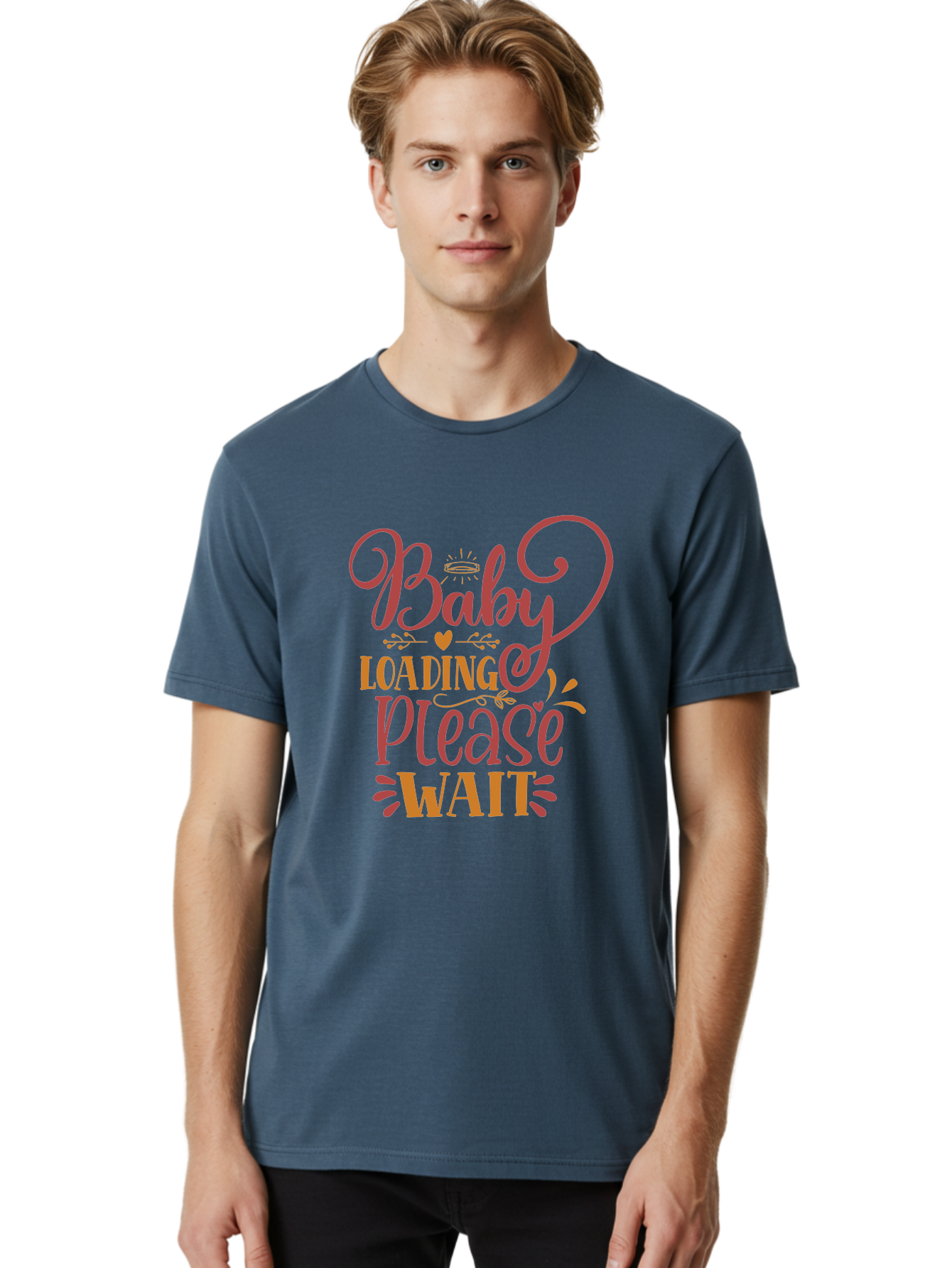 Baby-Loading-Please-Wait Men'S Graphic Tee, 100% Cotton, Comfortable Casual Summer Wear, Machine Washable, Baby Loading, Please Wait, Digital Art, Pregnancy Announcement, Pink Text, Whimsical Design, Orange Accents, Gender Reveal, Aad358 4