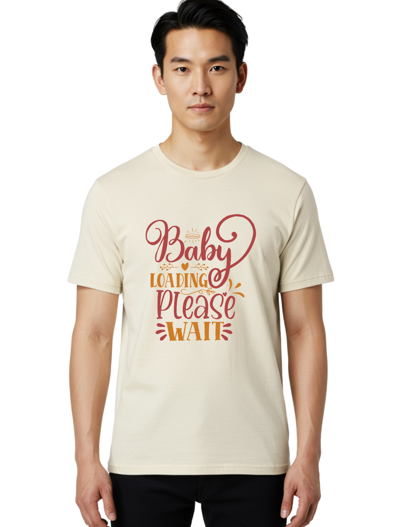 Baby-Loading-Please-Wait Men'S Graphic Tee, 100% Cotton, Comfortable Casual Summer Wear, Machine Washable, Baby Loading, Please Wait, Digital Art, Pregnancy Announcement, Pink Text, Whimsical Design, Orange Accents, Gender Reveal, Aad358 8