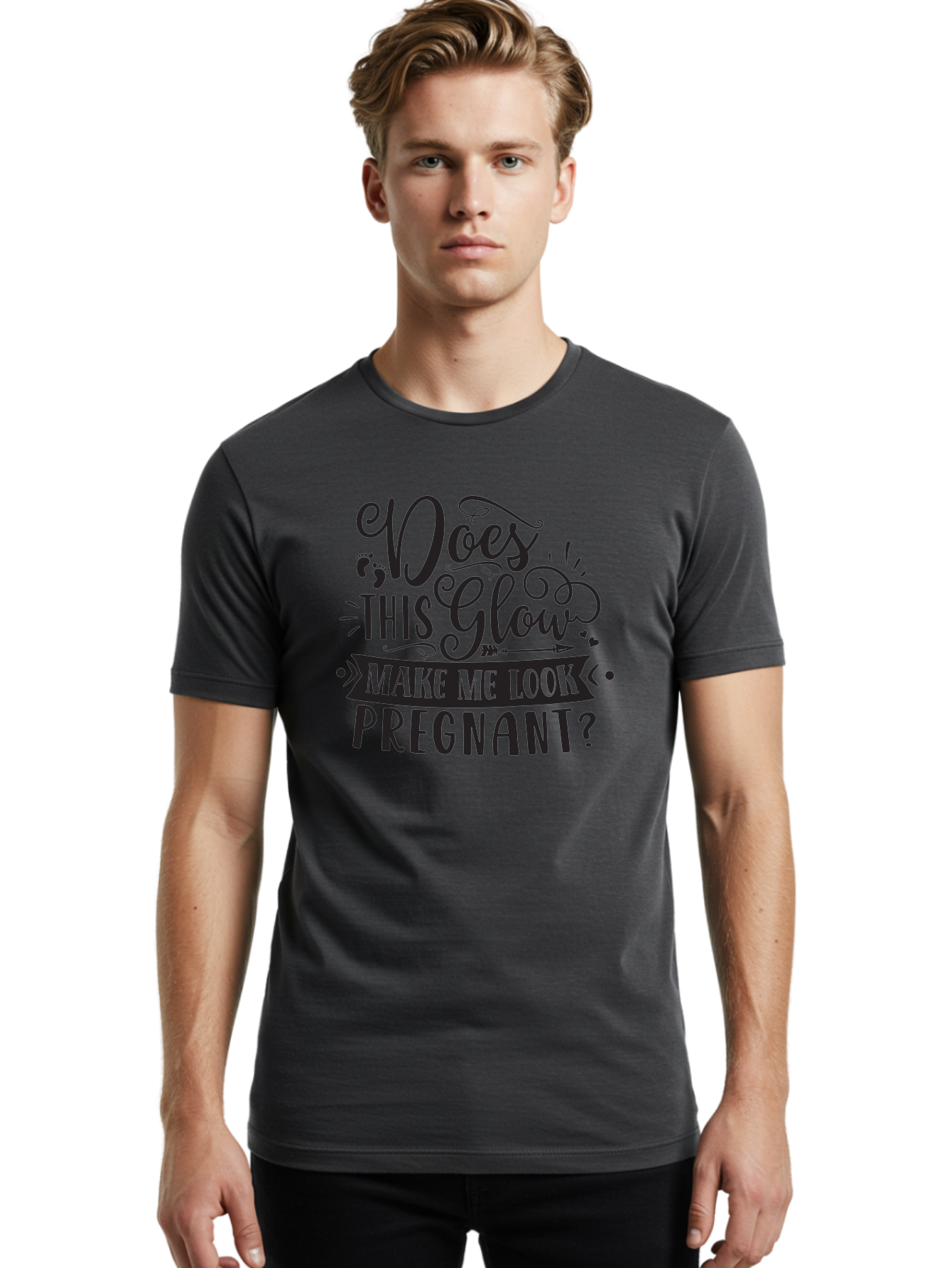 Does-This-Glow-Make-Me-Look-Pregnant Men'S Graphic Tee, 100% Cotton, Comfortable Casual Summer Wear, Machine Washable, Funny Pregnancy Quote, Humorous Saying, Whimsical Typography, Pregnancy Glow, Cute Design, Playful Text, Baby Feet Aad382 30