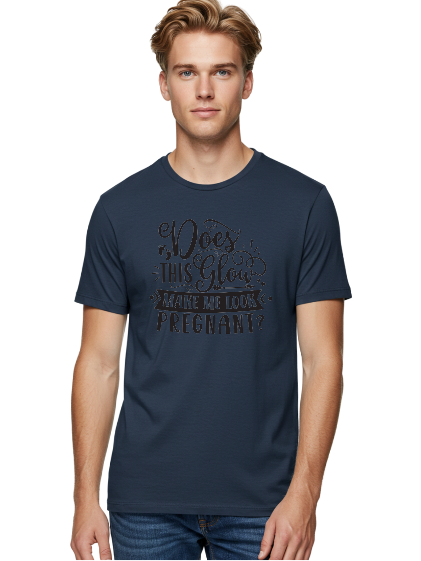 Does-This-Glow-Make-Me-Look-Pregnant Men'S Graphic Tee, 100% Cotton, Comfortable Casual Summer Wear, Machine Washable, Funny Pregnancy Quote, Humorous Saying, Whimsical Typography, Pregnancy Glow, Cute Design, Playful Text, Baby Feet Aad382 22