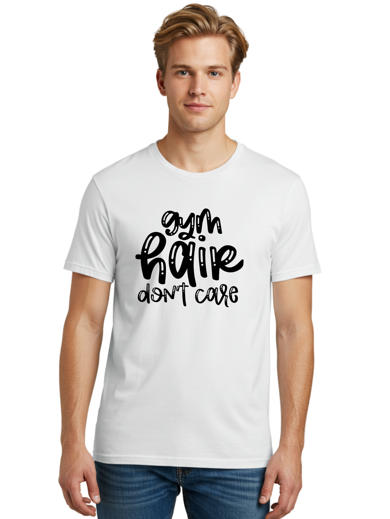 Gym-Hair-Don-T-Care Men'S Graphic Tee, 100% Cotton, Comfortable Casual Summer Wear, Machine Washable, Gym Hair Don’T Care, Fitness Motivation, Workout Inspiration, Funny Quotes, Fitness Humor, Motivational Quotes, Gym Culture Aad409 10