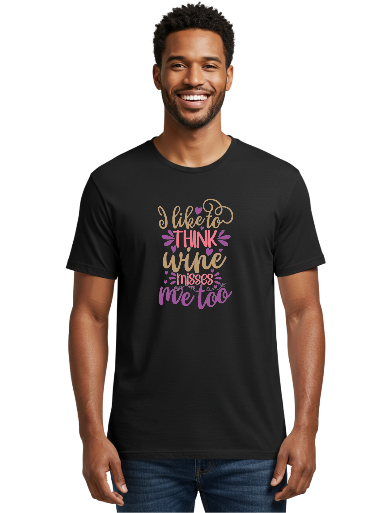 I-Like-To-Think-Wine-Misses-Me-Too Men'S Graphic Tee, 100% Cotton, Comfortable Casual Summer Wear, Machine Washable, Funny Wine Quote, Wine Lover Gift, Humorous Phrase, Purple Hearts, Floral Decorations, Stylish Typography, Wine-Themed Design, Aad422 24