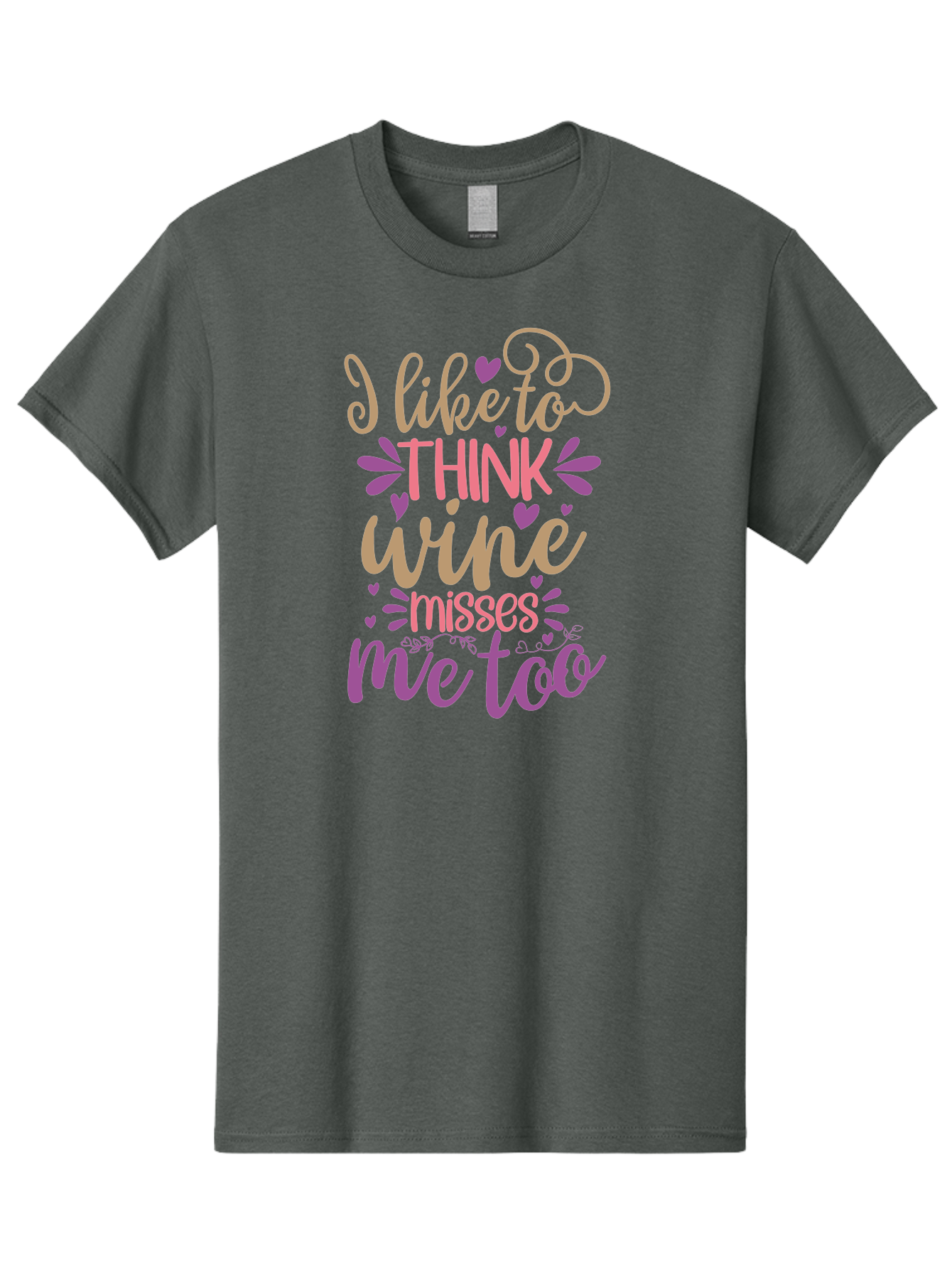 I-Like-To-Think-Wine-Misses-Me-Too Men'S Graphic Tee, 100% Cotton, Comfortable Casual Summer Wear, Machine Washable, Funny Wine Quote, Wine Lover Gift, Humorous Phrase, Purple Hearts, Floral Decorations, Stylish Typography, Wine-Themed Design, Aad422 13