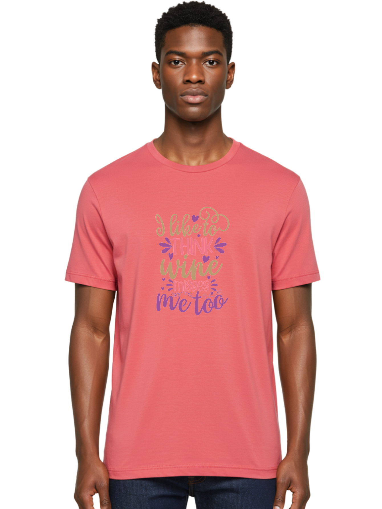 I-Like-To-Think-Wine-Misses-Me-Too Men'S Graphic Tee, 100% Cotton, Comfortable Casual Summer Wear, Machine Washable, Funny Wine Quote, Wine Lover Gift, Humorous Phrase, Purple Hearts, Floral Decorations, Stylish Typography, Wine-Themed Design, Aad422 10