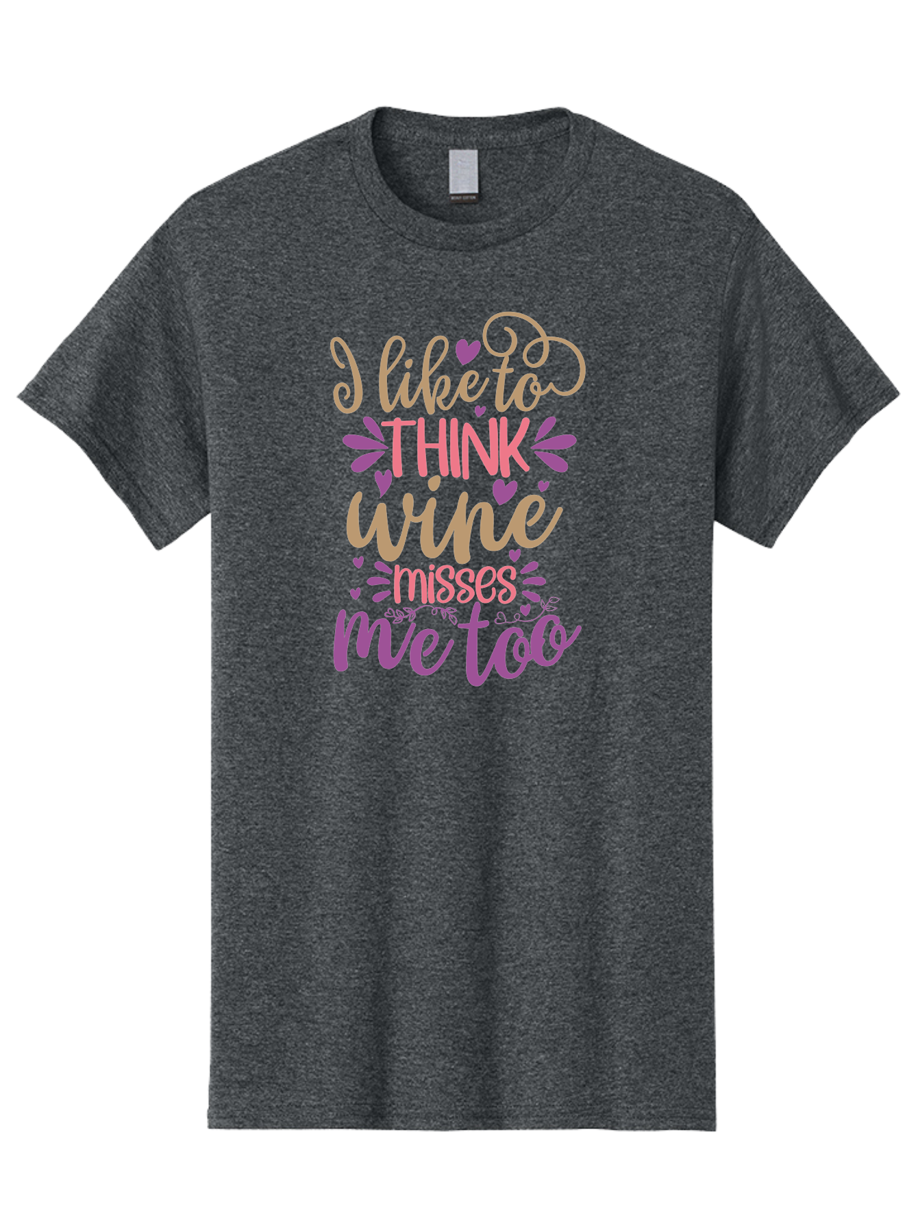 I-Like-To-Think-Wine-Misses-Me-Too Men'S Graphic Tee, 100% Cotton, Comfortable Casual Summer Wear, Machine Washable, Funny Wine Quote, Wine Lover Gift, Humorous Phrase, Purple Hearts, Floral Decorations, Stylish Typography, Wine-Themed Design, Aad422 11