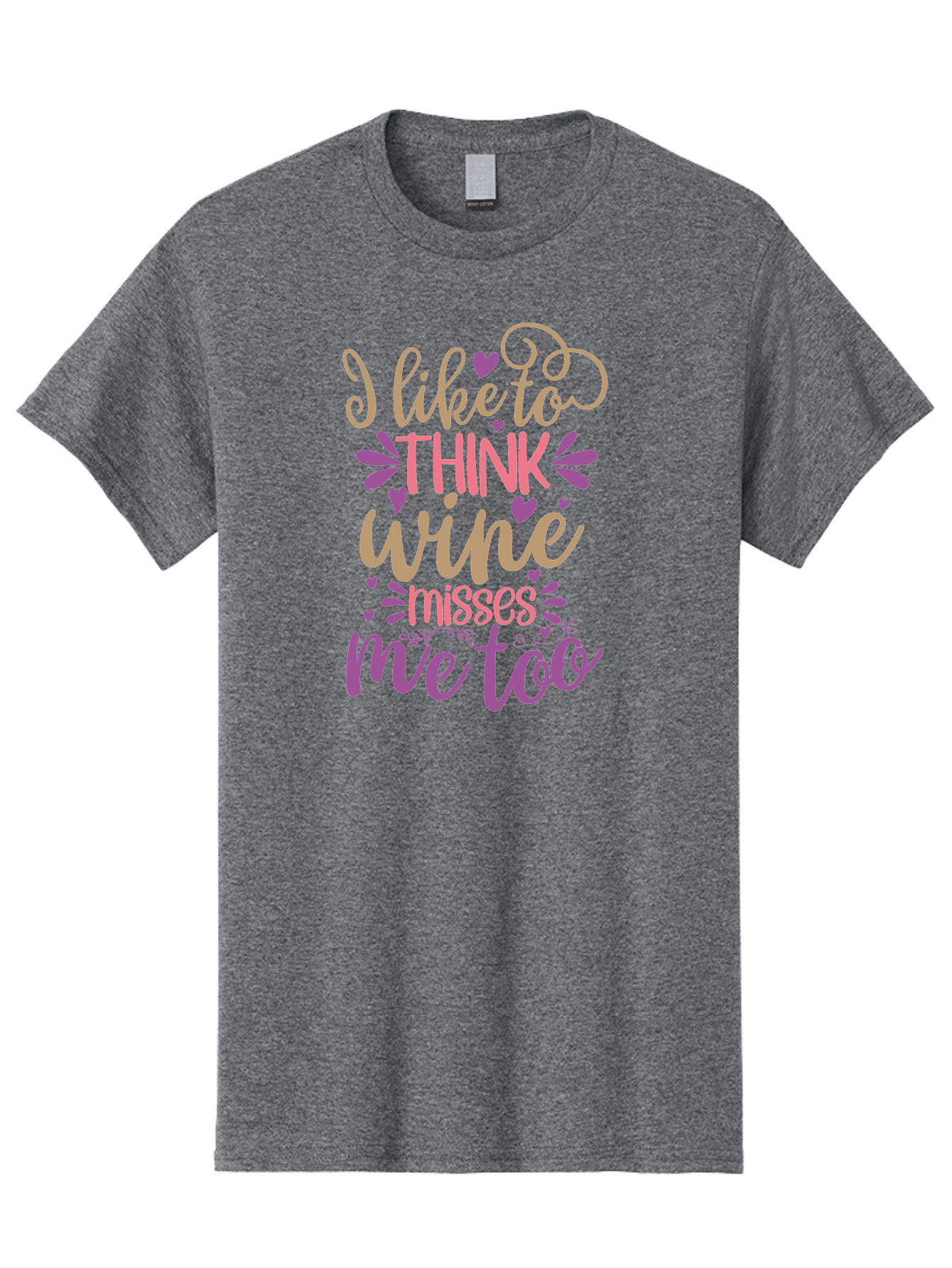 I-Like-To-Think-Wine-Misses-Me-Too Men'S Graphic Tee, 100% Cotton, Comfortable Casual Summer Wear, Machine Washable, Funny Wine Quote, Wine Lover Gift, Humorous Phrase, Purple Hearts, Floral Decorations, Stylish Typography, Wine-Themed Design, Aad422 7