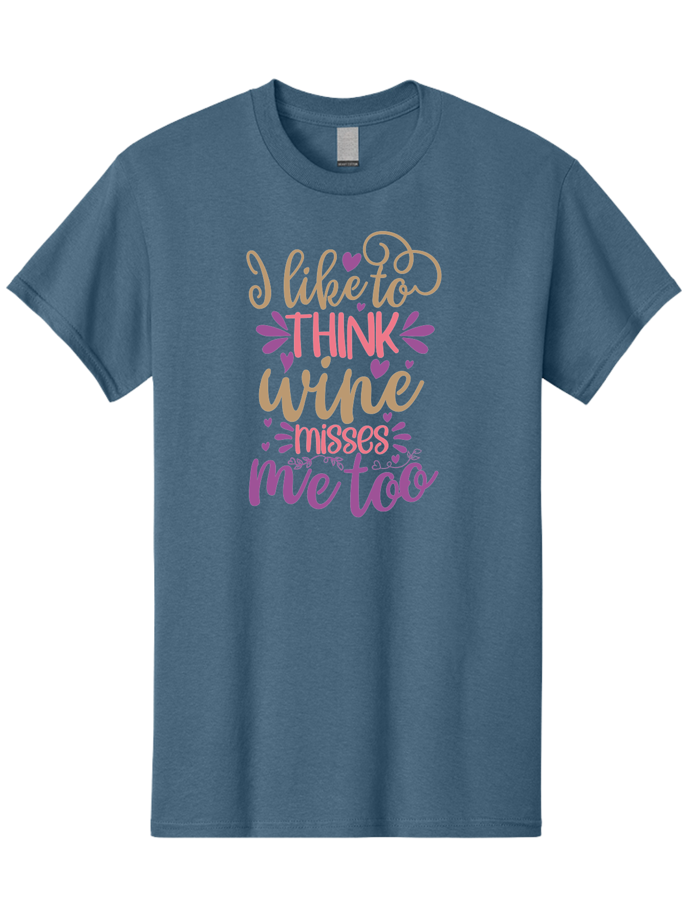 I-Like-To-Think-Wine-Misses-Me-Too Men'S Graphic Tee, 100% Cotton, Comfortable Casual Summer Wear, Machine Washable, Funny Wine Quote, Wine Lover Gift, Humorous Phrase, Purple Hearts, Floral Decorations, Stylish Typography, Wine-Themed Design, Aad422 17