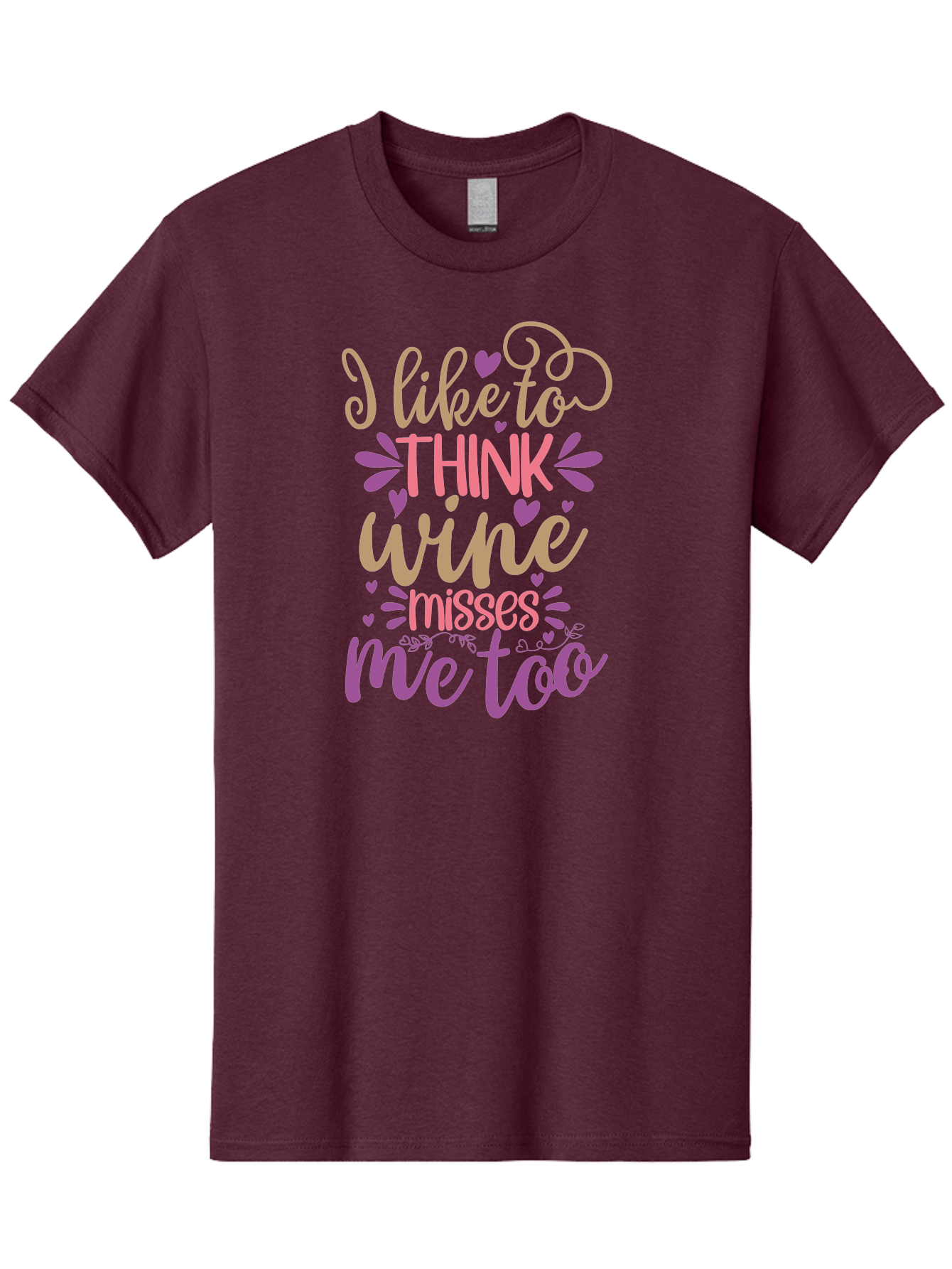 I-Like-To-Think-Wine-Misses-Me-Too Men'S Graphic Tee, 100% Cotton, Comfortable Casual Summer Wear, Machine Washable, Funny Wine Quote, Wine Lover Gift, Humorous Phrase, Purple Hearts, Floral Decorations, Stylish Typography, Wine-Themed Design, Aad422 29