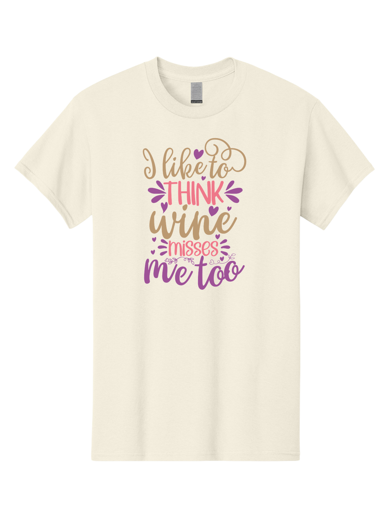 I-Like-To-Think-Wine-Misses-Me-Too Men'S Graphic Tee, 100% Cotton, Comfortable Casual Summer Wear, Machine Washable, Funny Wine Quote, Wine Lover Gift, Humorous Phrase, Purple Hearts, Floral Decorations, Stylish Typography, Wine-Themed Design, Aad422 27