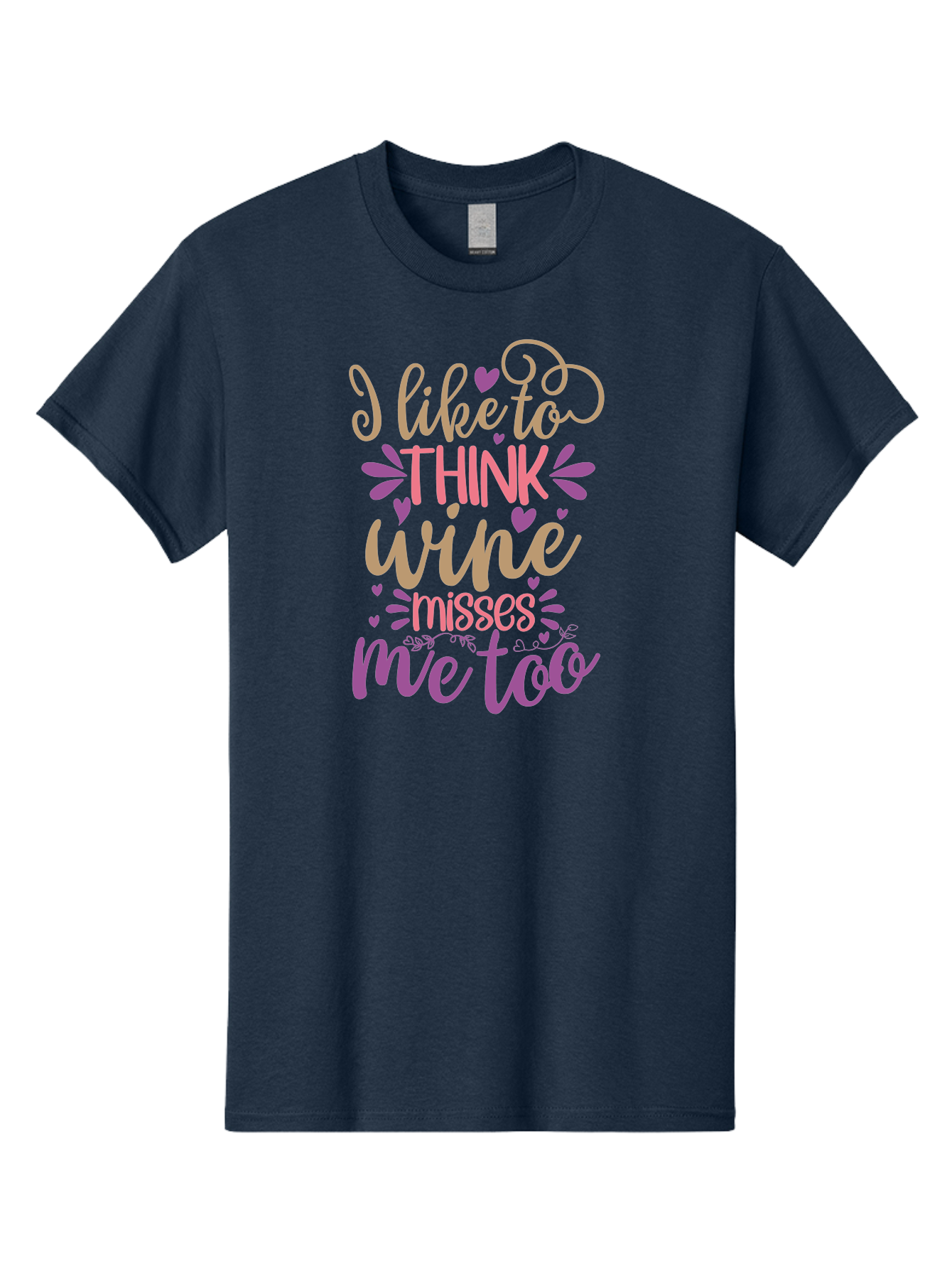I-Like-To-Think-Wine-Misses-Me-Too Men'S Graphic Tee, 100% Cotton, Comfortable Casual Summer Wear, Machine Washable, Funny Wine Quote, Wine Lover Gift, Humorous Phrase, Purple Hearts, Floral Decorations, Stylish Typography, Wine-Themed Design, Aad422 25
