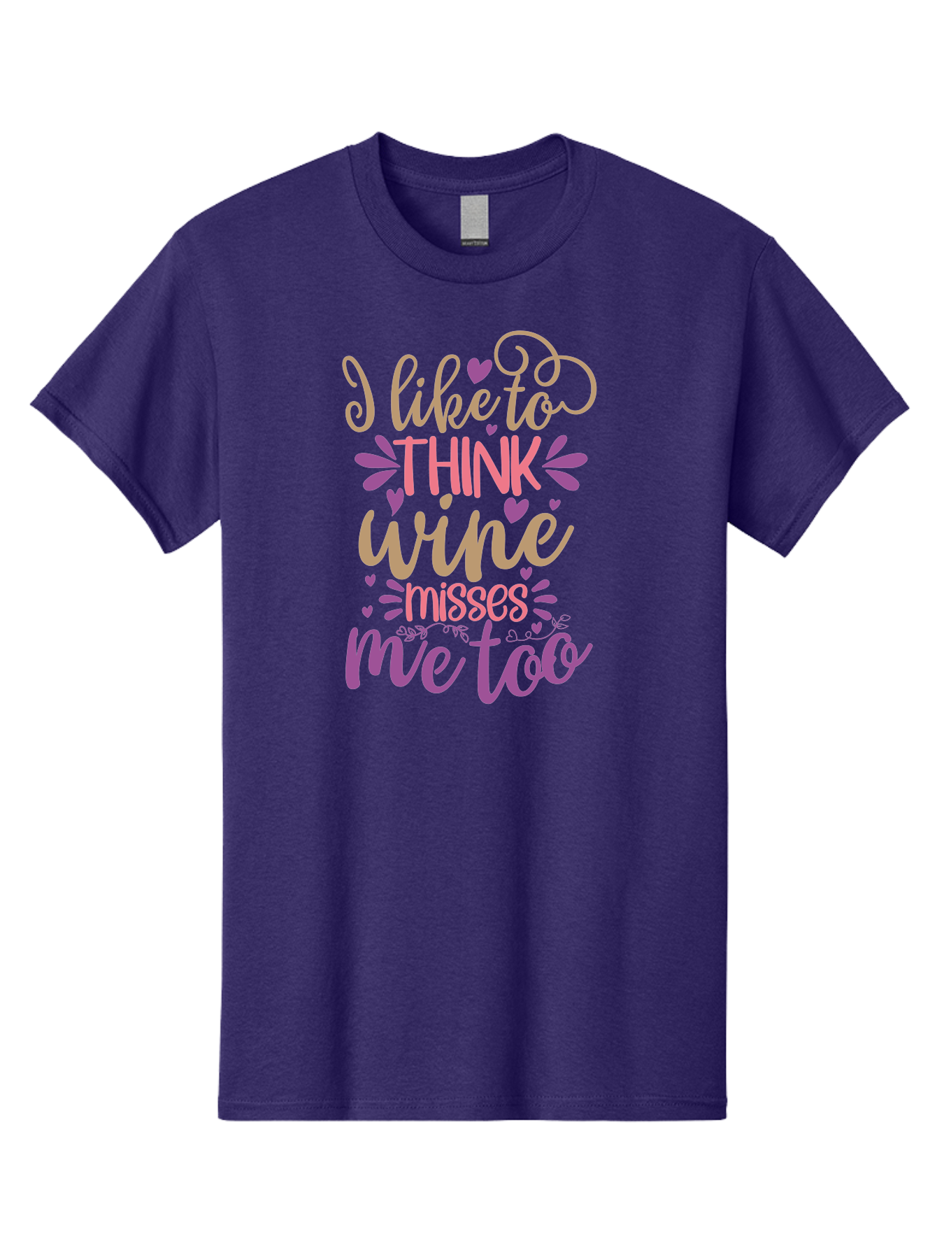 I-Like-To-Think-Wine-Misses-Me-Too Men'S Graphic Tee, 100% Cotton, Comfortable Casual Summer Wear, Machine Washable, Funny Wine Quote, Wine Lover Gift, Humorous Phrase, Purple Hearts, Floral Decorations, Stylish Typography, Wine-Themed Design, Aad422 3