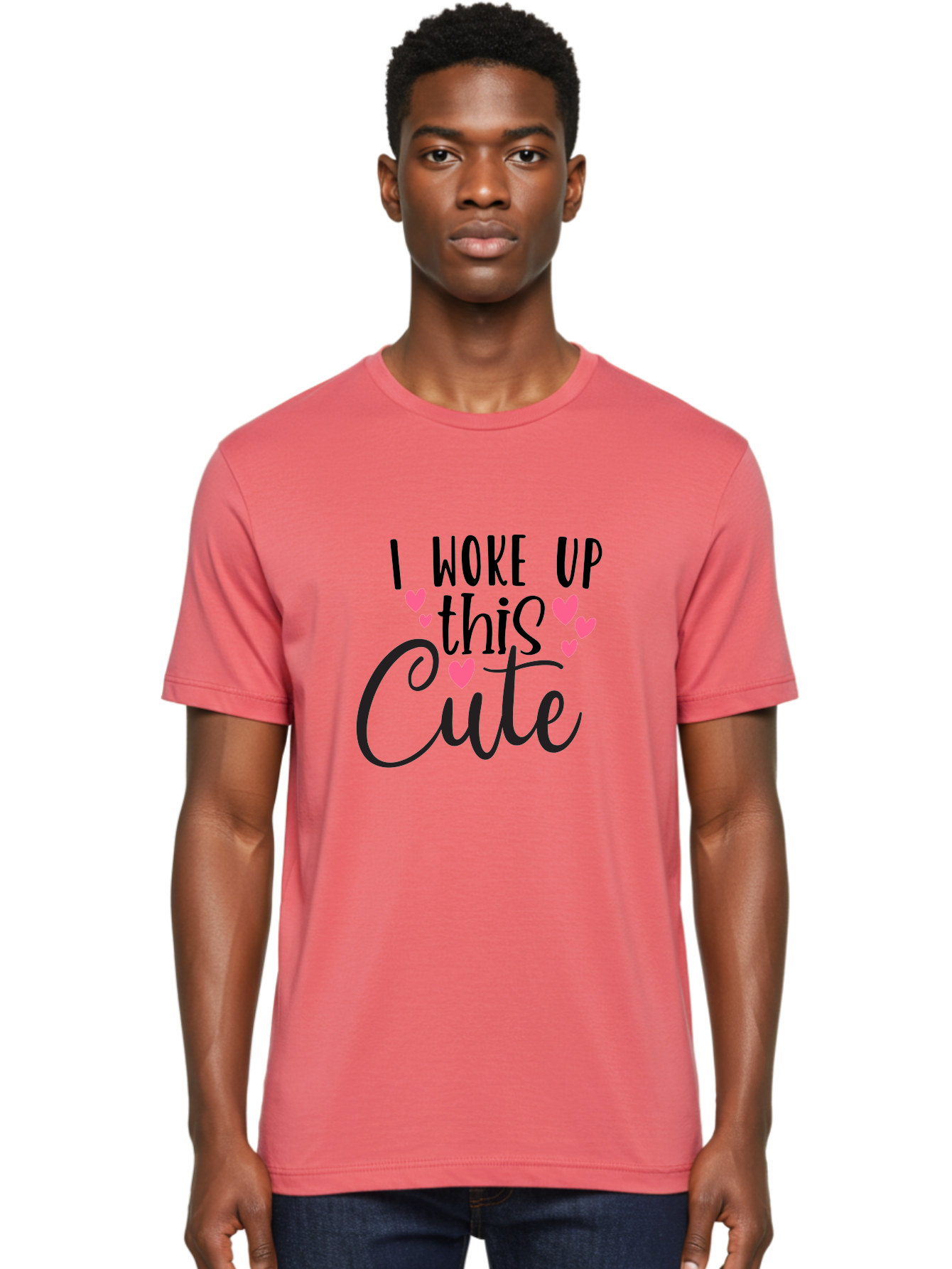 I-Woke-Up-This-Cute Men'S Graphic Tee, 100% Cotton, Comfortable Casual Summer Wear, Machine Washable, Cute Quote, Funny Morning Phrase, Pink Hearts, Black Text, Inspirational Saying, Girly Design, Love Message, Daily Motivation Aad426 8